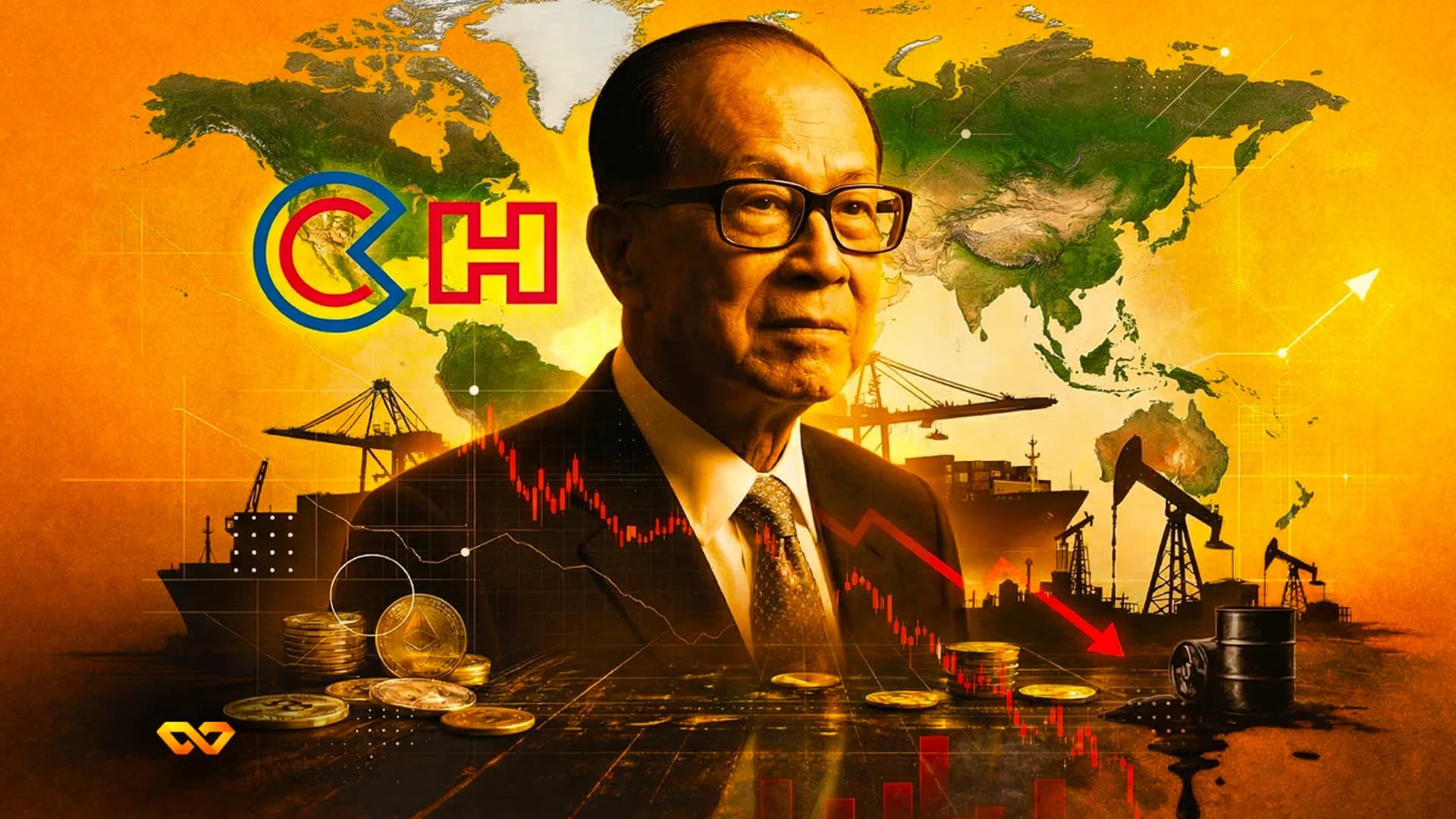 An elderly Asian man in a suit and glasses against a world map. The CKH logo, stock charts, oil derricks, cargo ships, and Ethereum coins are visible.