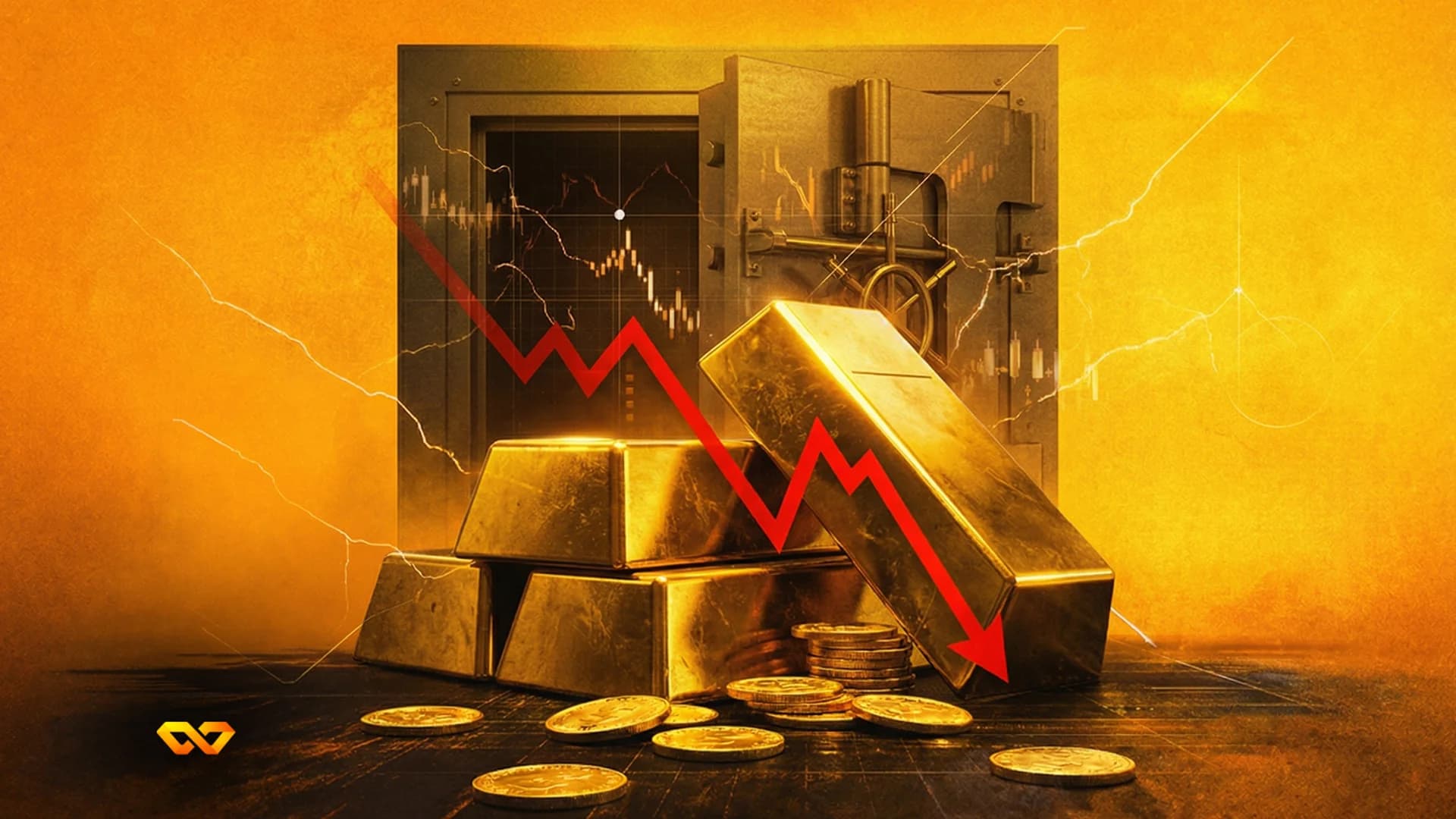 Gold bars and coins on a dark surface in front of an open safe, with a red downward trend line and a stock chart.