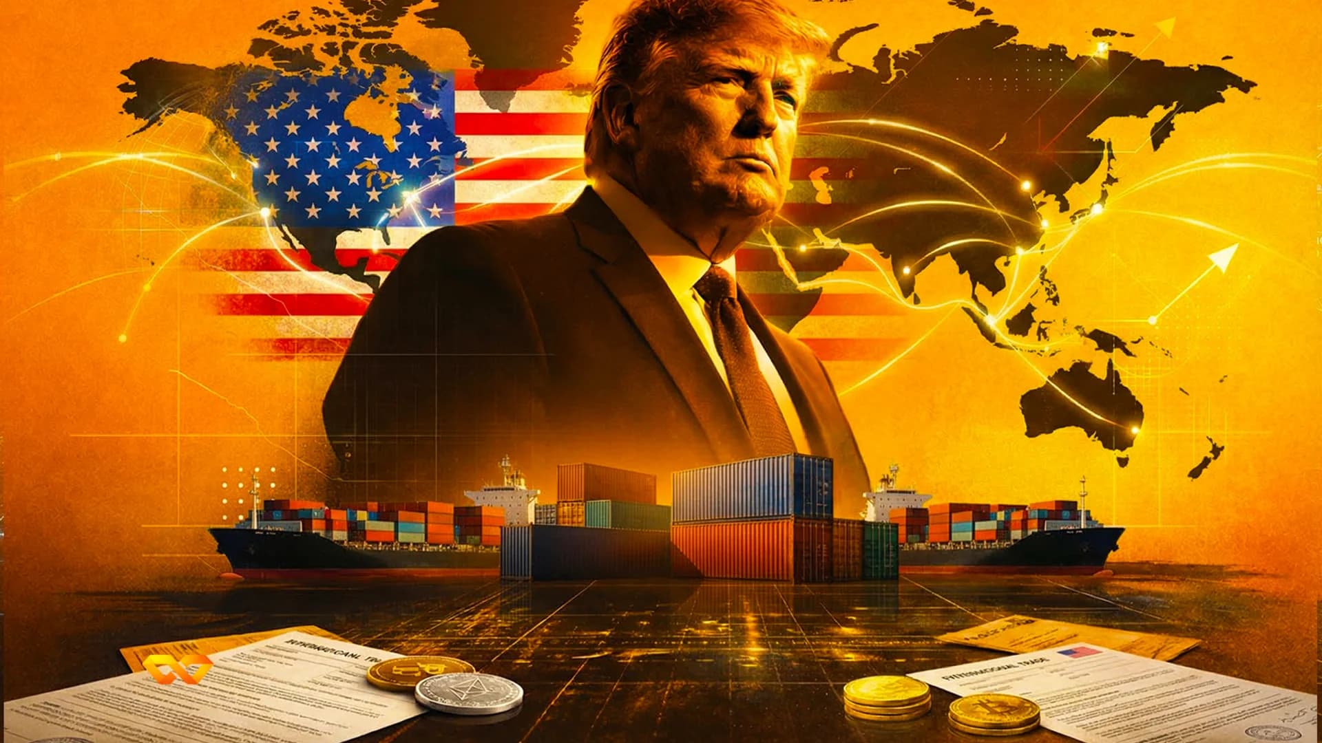 Donald Trump hablando frente a banderas de Estados Unidos en un acto político