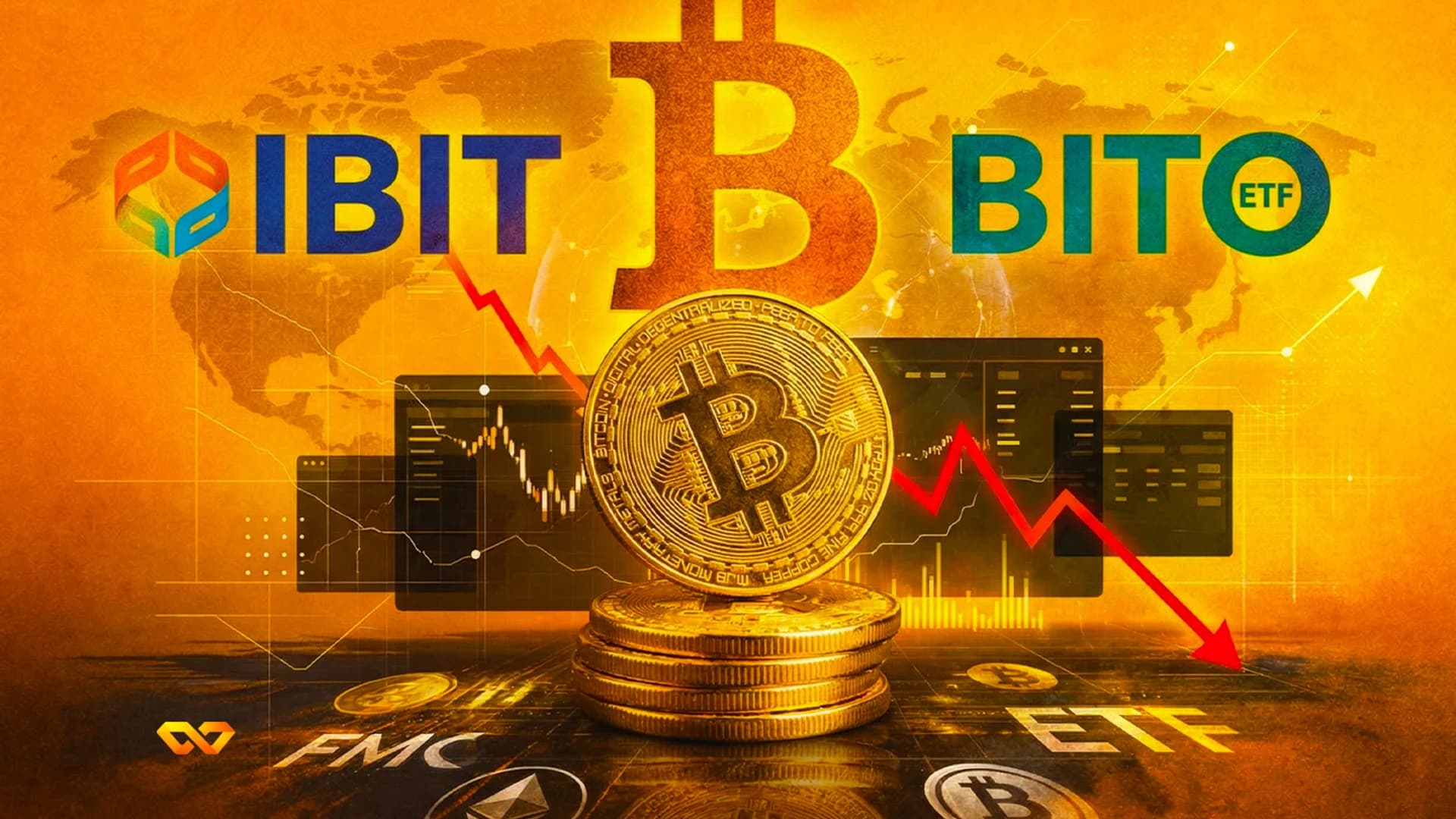 Golden Bitcoin coins and symbols, "IBIT" and "BITO ETF" text, financial charts with red downward arrows and a white upward arrow, on an orange world map background.