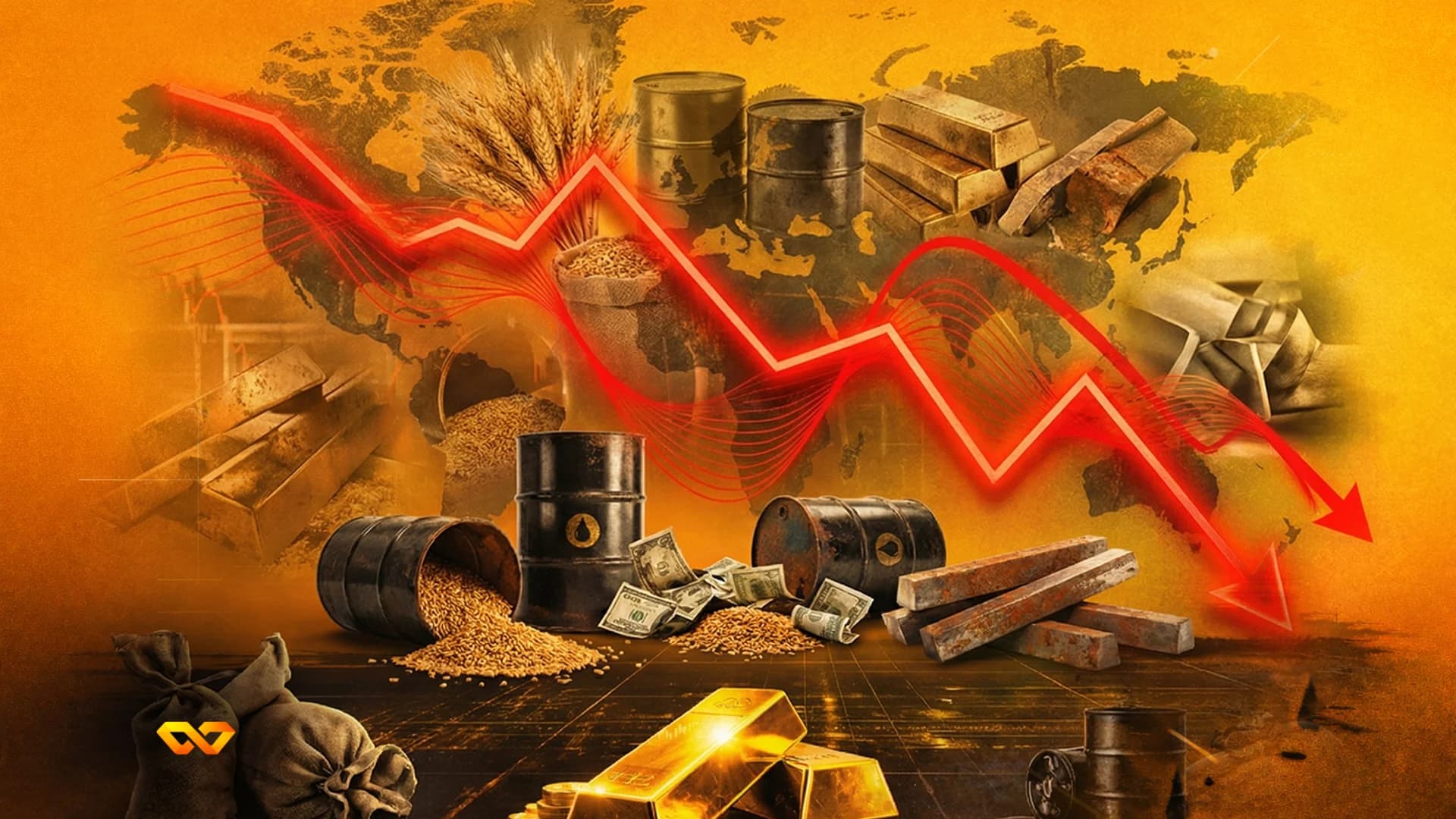 A red downward trend line over a world map, surrounded by gold bars, oil barrels, wheat, dollar bills, and metal ingots, on an orange background.