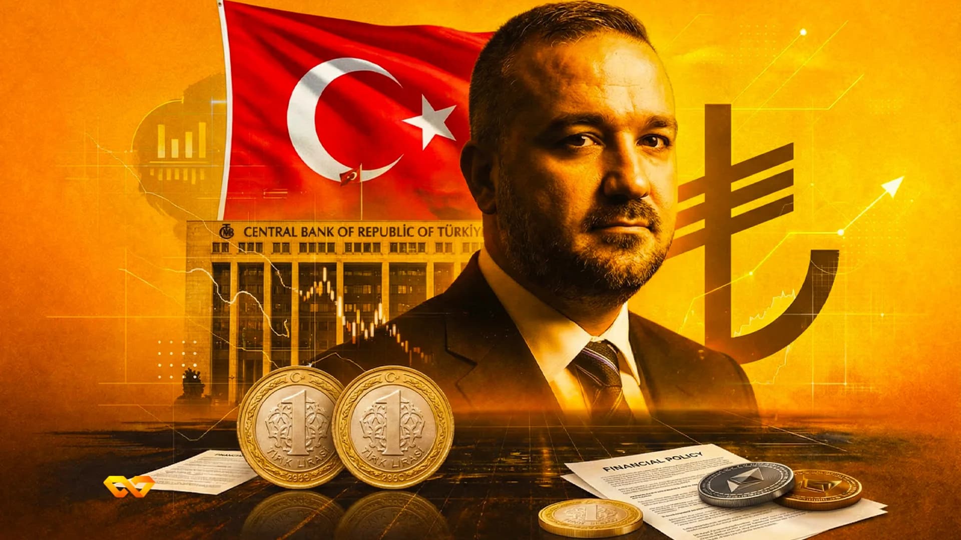 A man in a suit against a Turkish flag, the Central Bank of Turkey building, and a large Turkish Lira symbol. Turkish Lira coins, Ethereum coin, and financial documents are in the foreground.