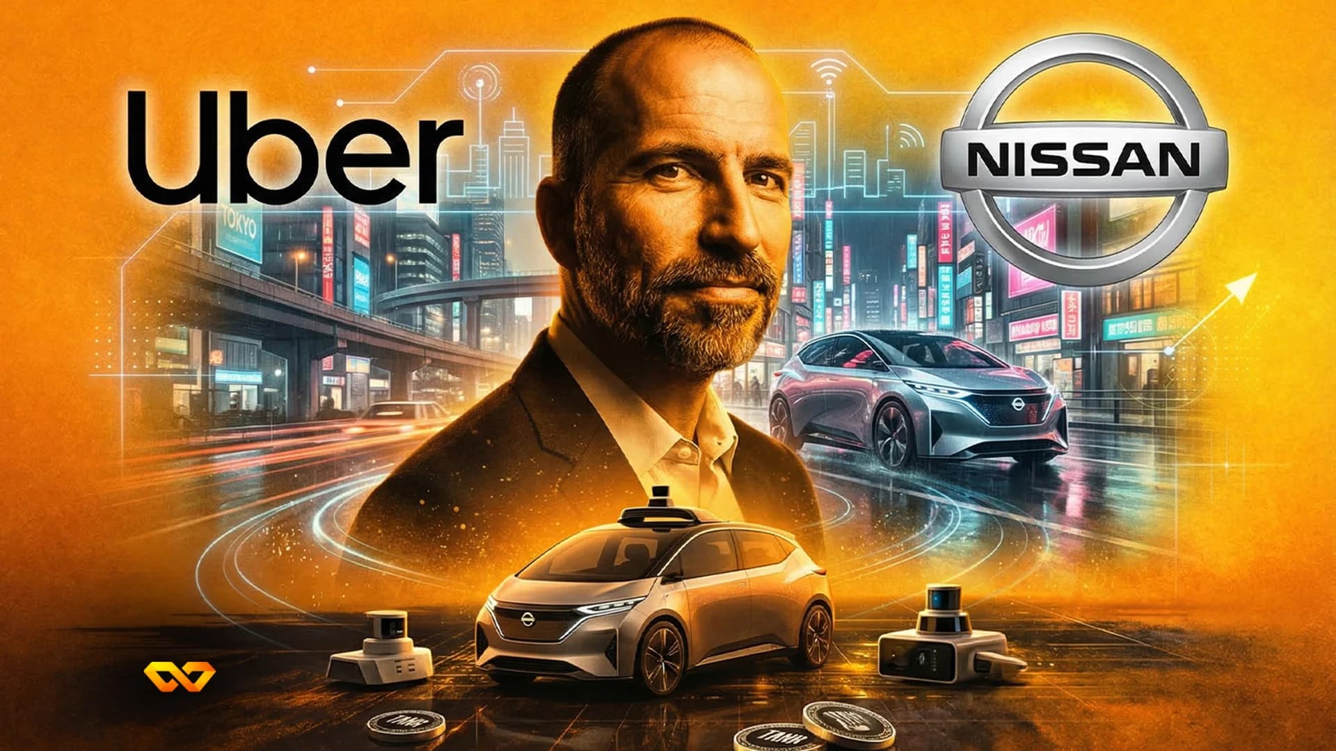 A man in a suit, Uber and Nissan logos, and futuristic autonomous cars with sensors in a glowing Tokyo city scene.