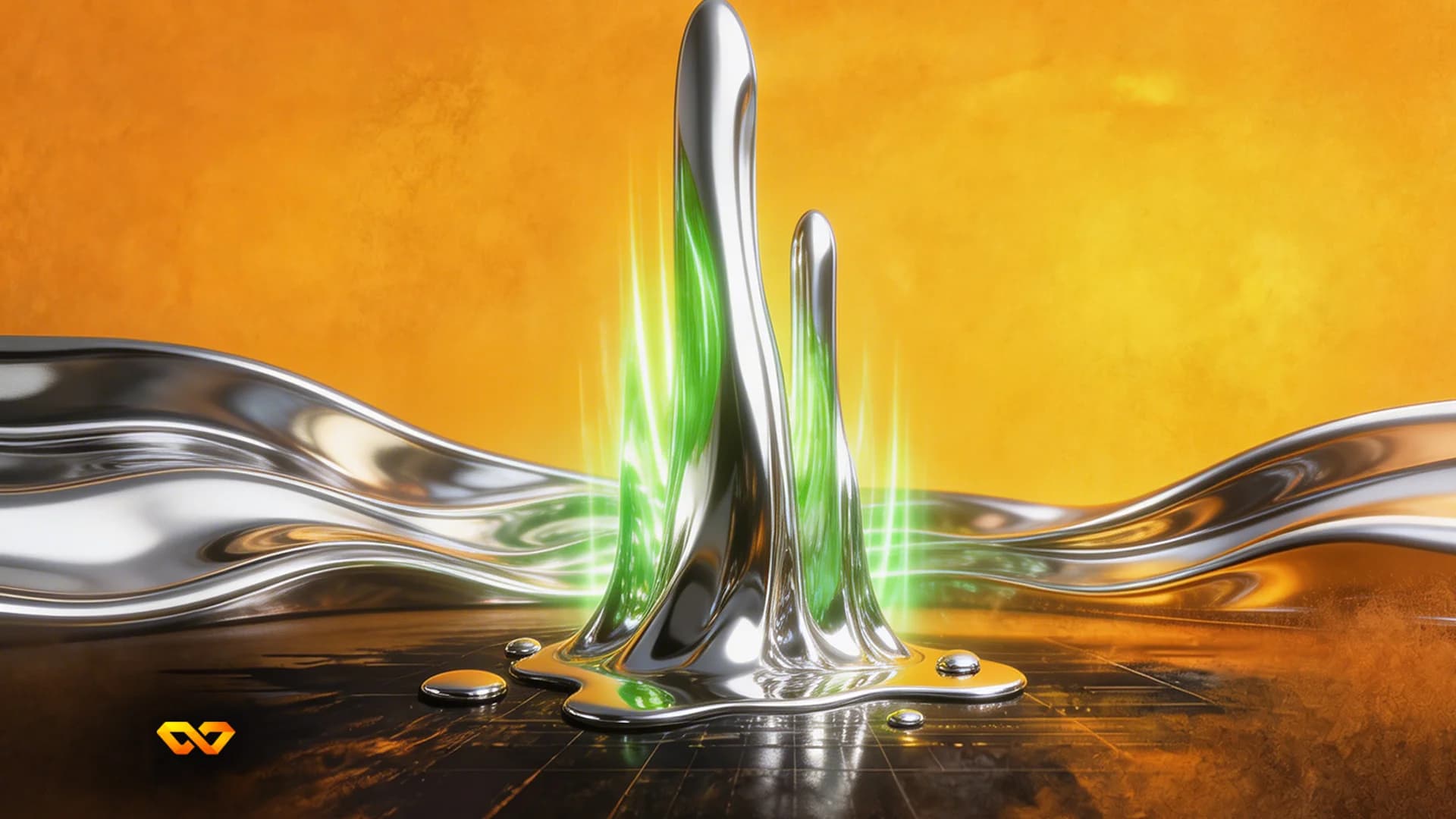 Two tall, silver, liquid-like forms with green glowing light rise from a dark, reflective surface. Wavy silver liquid flows across the middle, with an orange background.