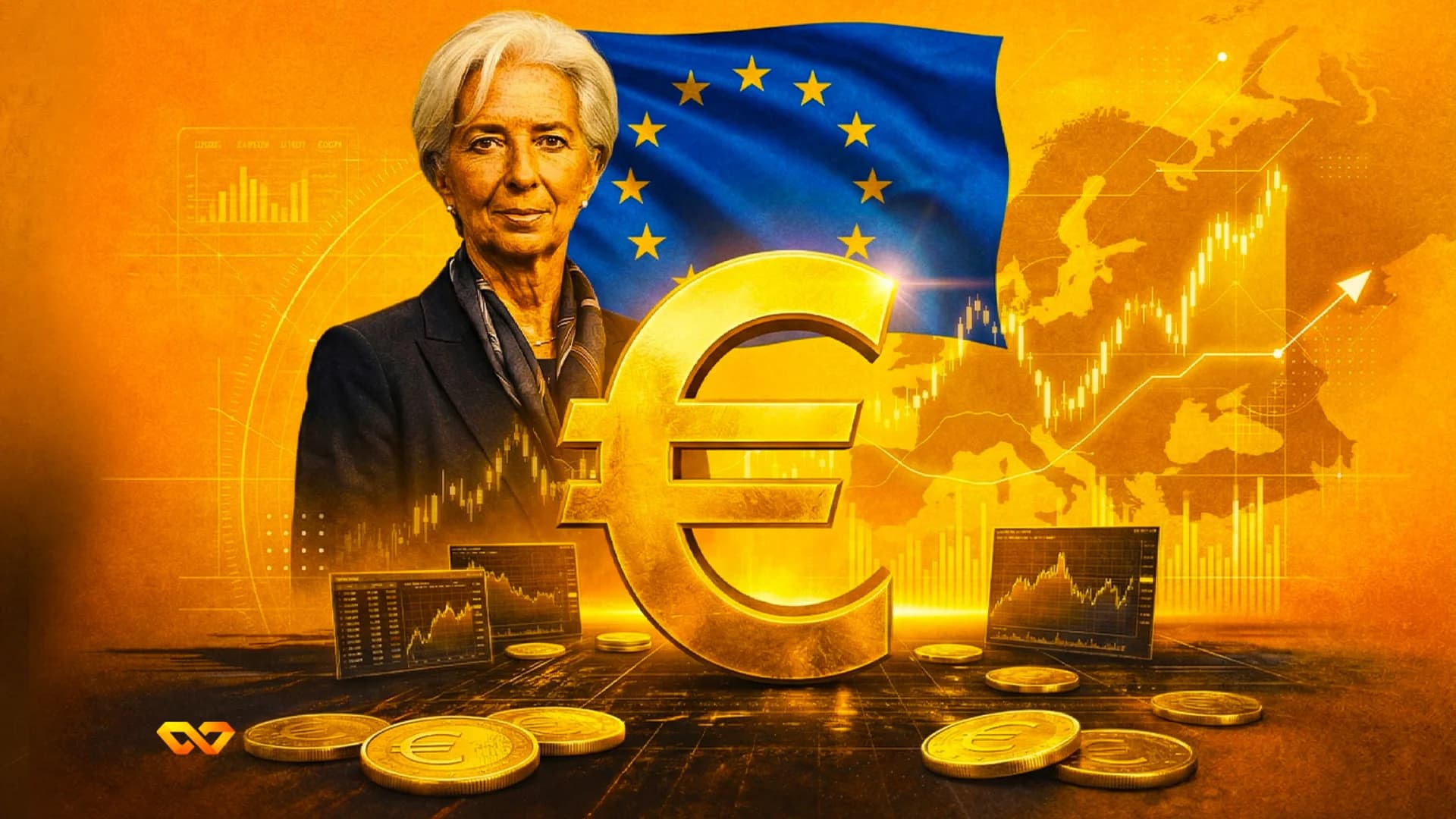 مبنى البنك المركزي الأوروبي مع علم الاتحاد الأوروبي في فرانكفورت