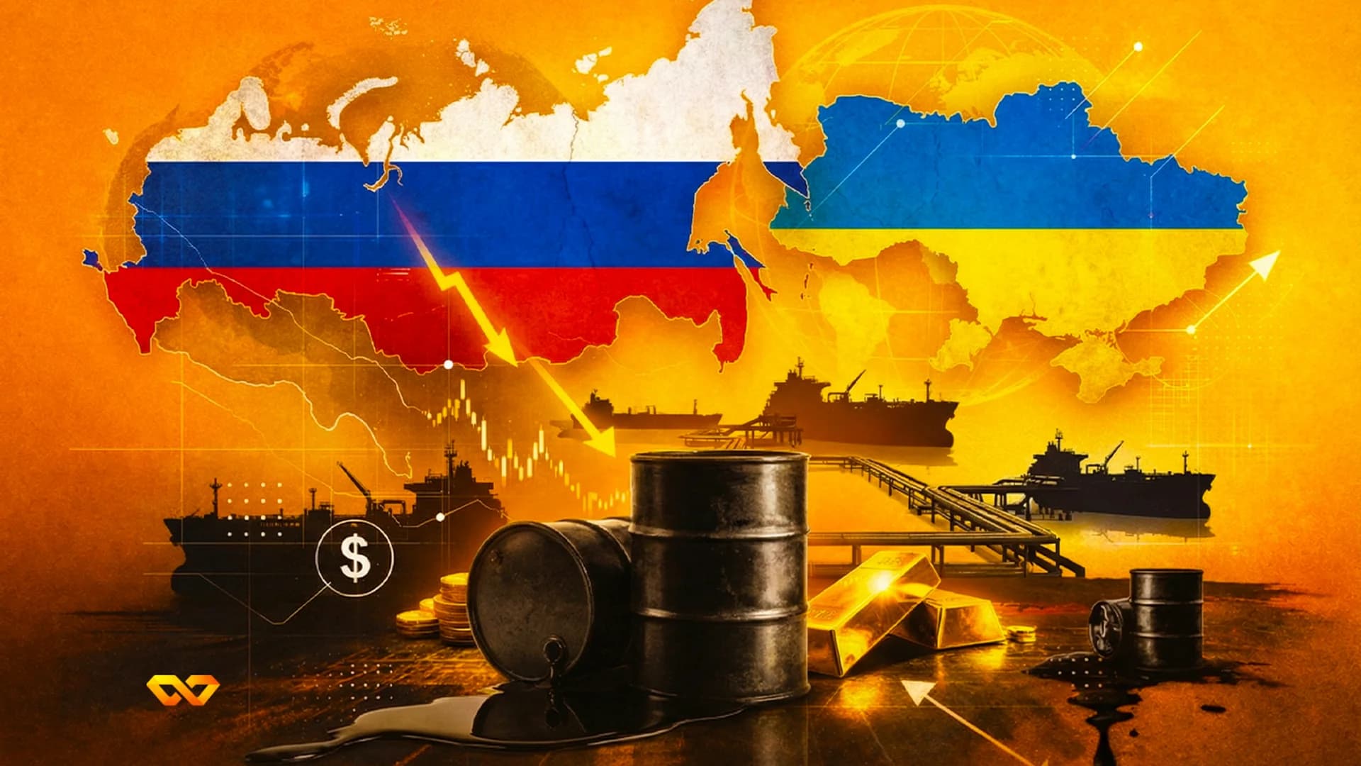 Map of Russia with its flag and a downward economic arrow, map of Ukraine with its flag and an upward arrow. Oil barrels, spilled oil, gold bars, dollar coins, and ships against an orange background.