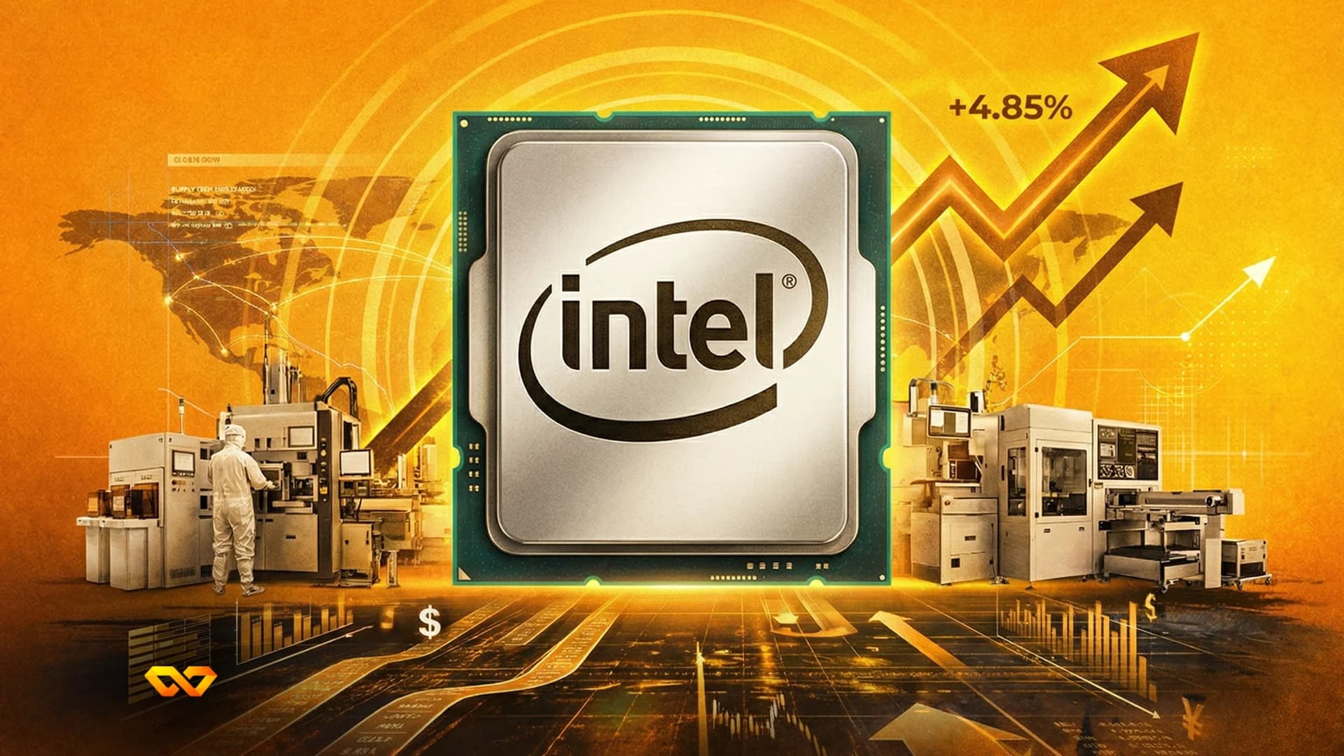 شعار إنتل على واجهة مبنى مع خلفية تقنية زرقاء