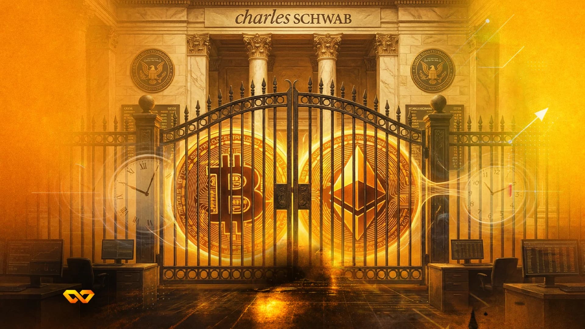 A grand, golden Charles Schwab building entrance with a closed metal gate. Behind the gate are large, glowing Bitcoin and Ethereum coins. Desks with computers are on either side.