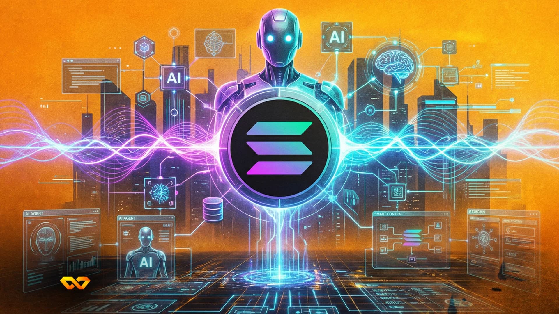 شعار سولانا ثلاثي الأبعاد أمام خلفية رقمية برسوم بيانية للعملات المشفرة