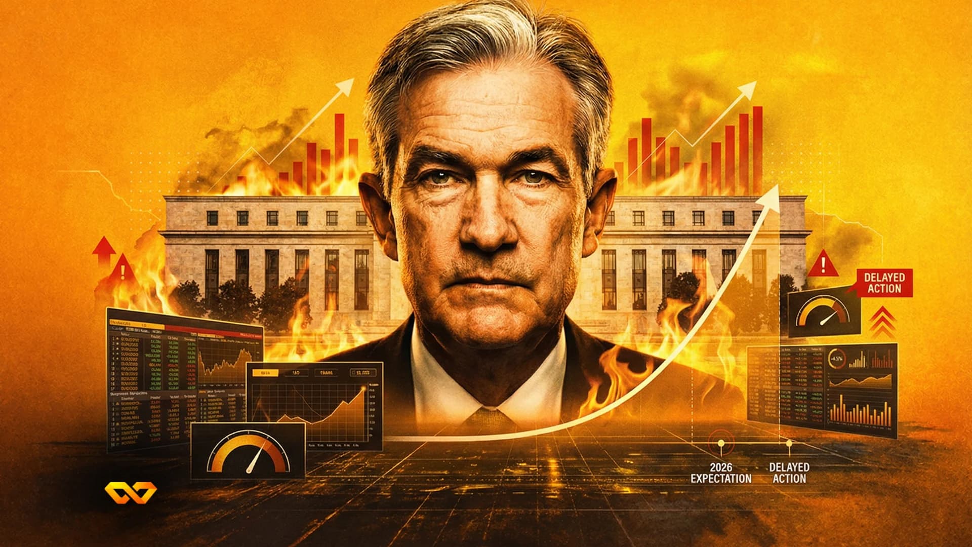 A man with gray hair in a suit looks forward, with a burning building behind him. Financial charts and gauges are overlaid.