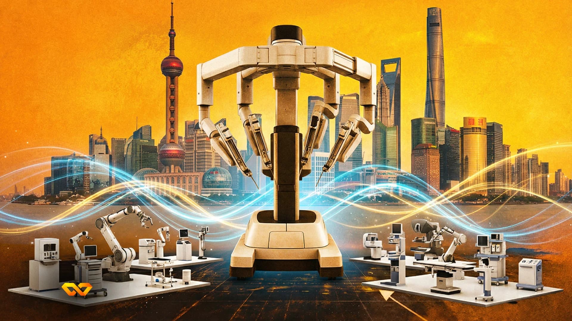 أفق شنغهاي مع ناطحات سحاب وشاشة تعرض مؤشرات الأسهم