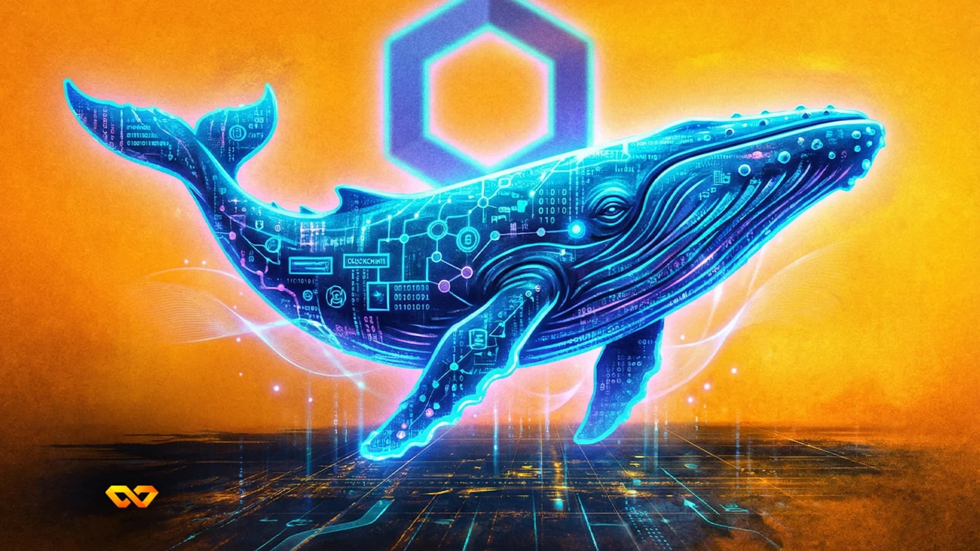 حوت ضخم يسبح فوق عملات رقمية متوهجة في مشهد رمزي لسوق الكريبتو