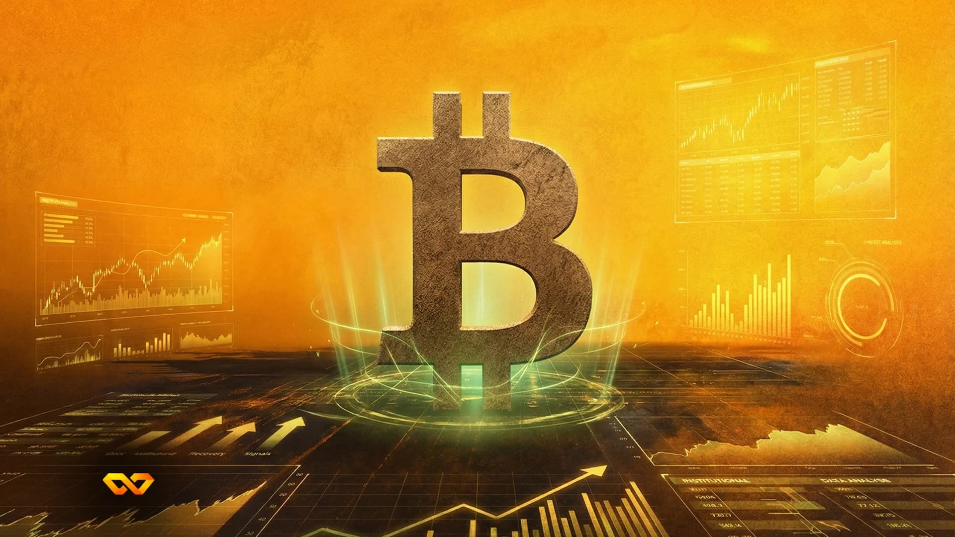 رمز بيتكوين ذهبي أمام شاشة تعرض مخطط أسعار العملات المشفرة