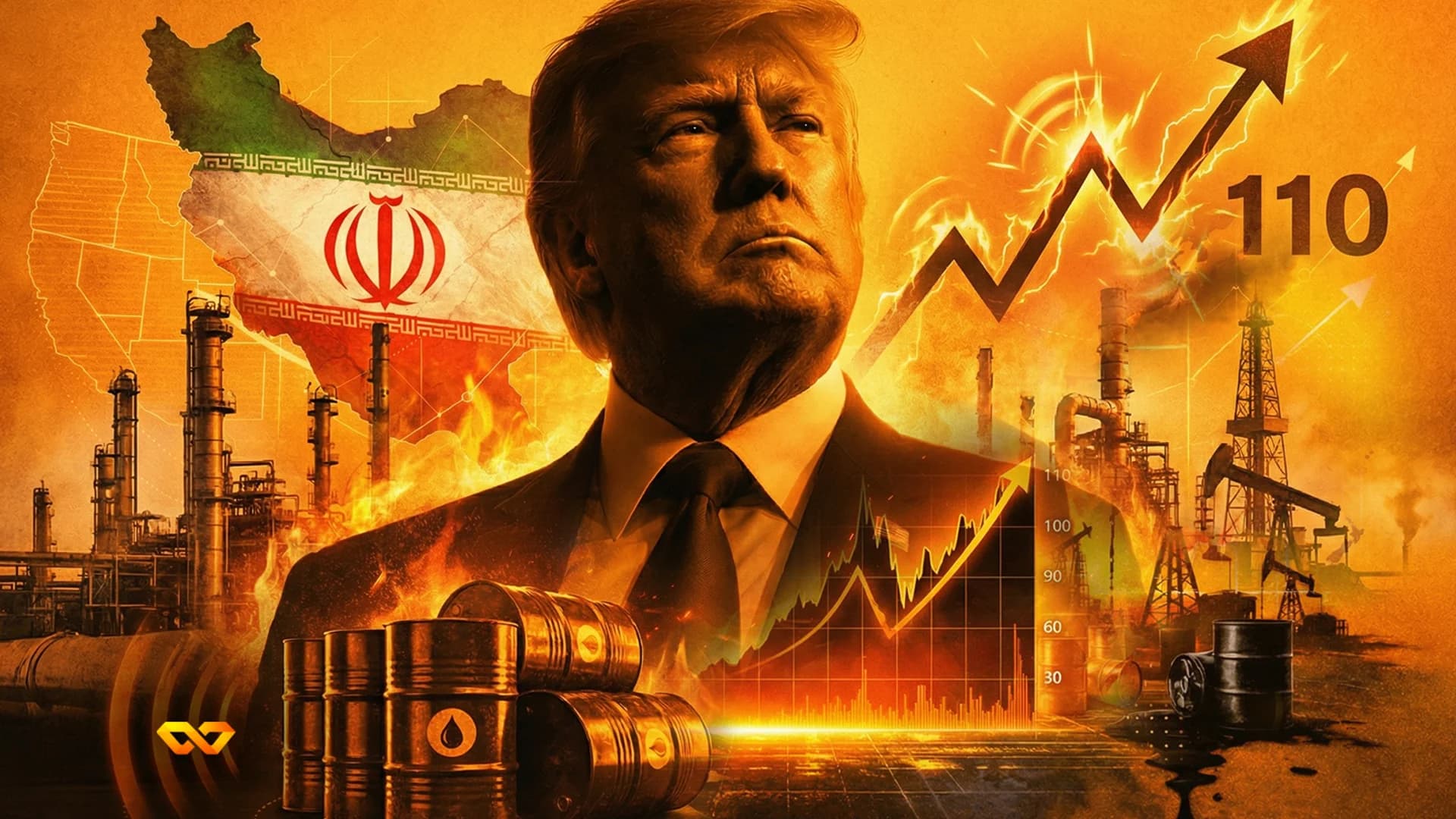 Donald Trump's portrait over a map of Iran, oil refineries, barrels, and a rising financial chart in fiery tones.