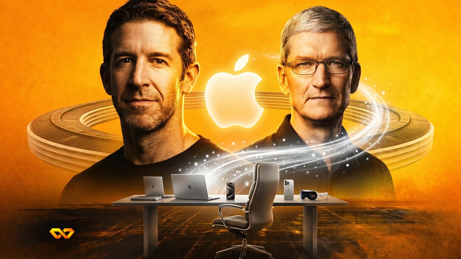 Portraits of Tim Cook and an executive flanking an Apple logo above a desk with various Apple devices.