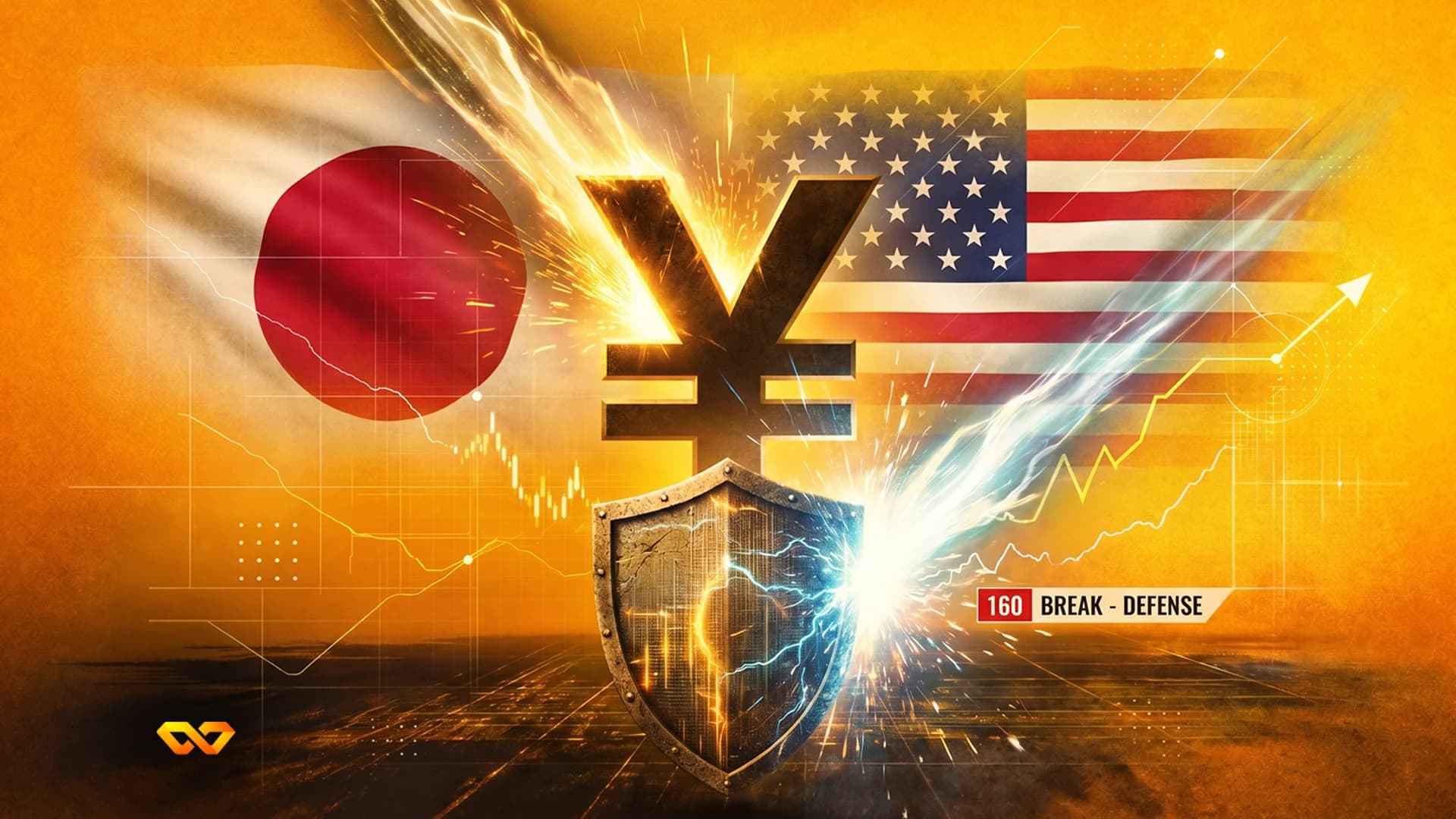 A Yen symbol and shield struck by lightning against Japanese and US flags with a background line chart.