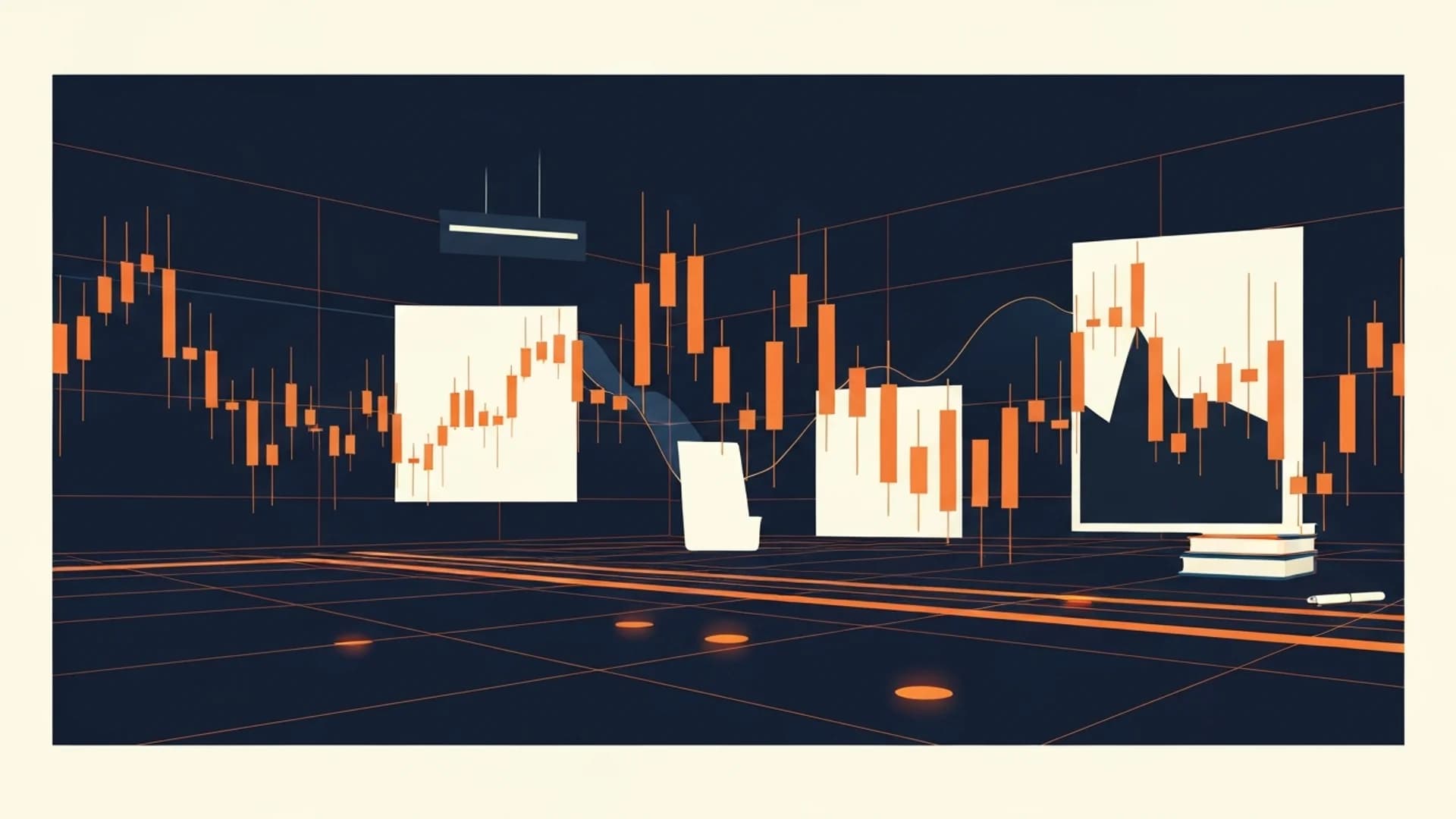 Stylized 3D illustration of orange candlestick charts on a dark grid background with white display panels.