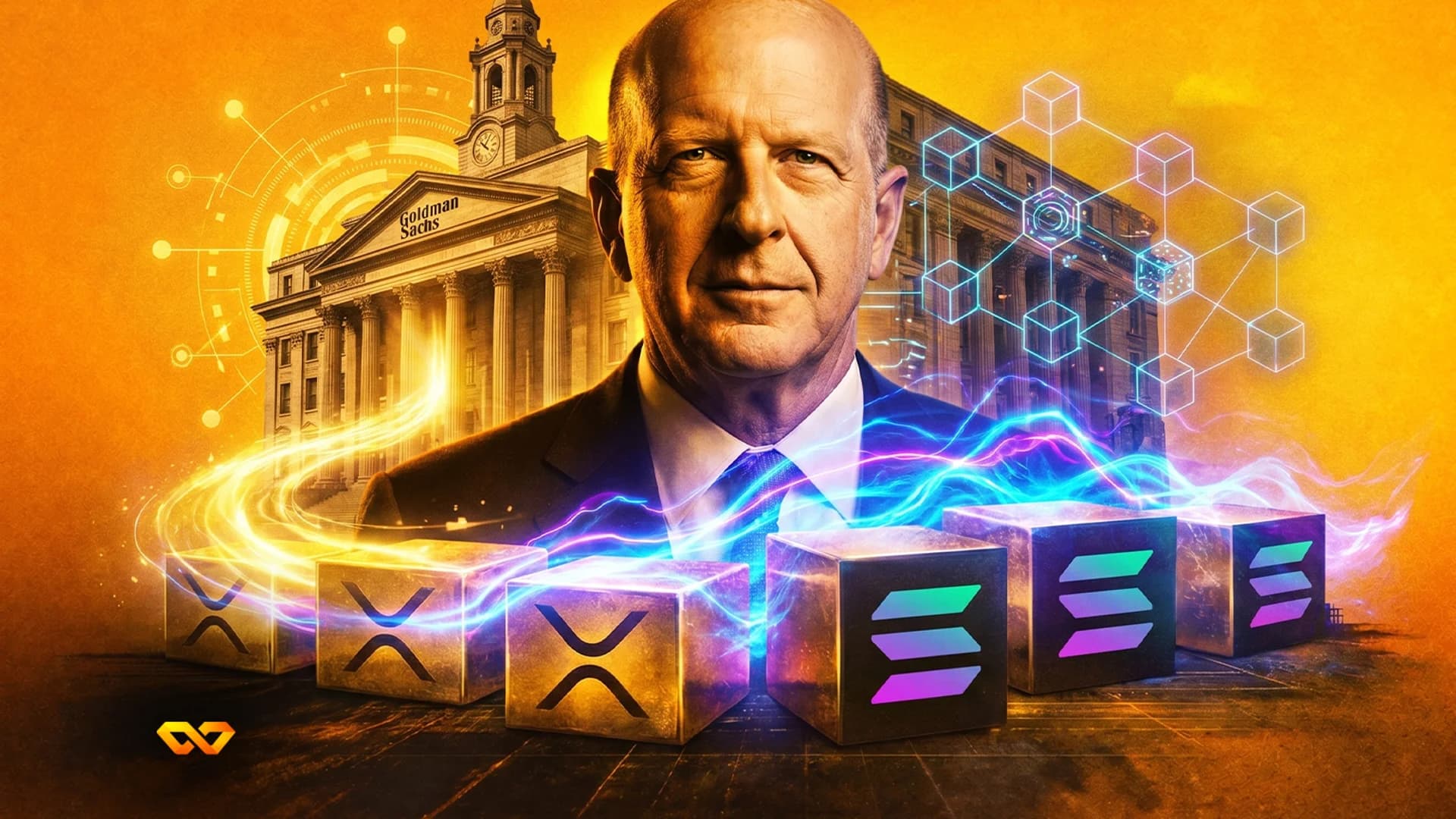 Portrait of a man in front of a Goldman Sachs building with XRP and Solana logo cubes in the foreground.