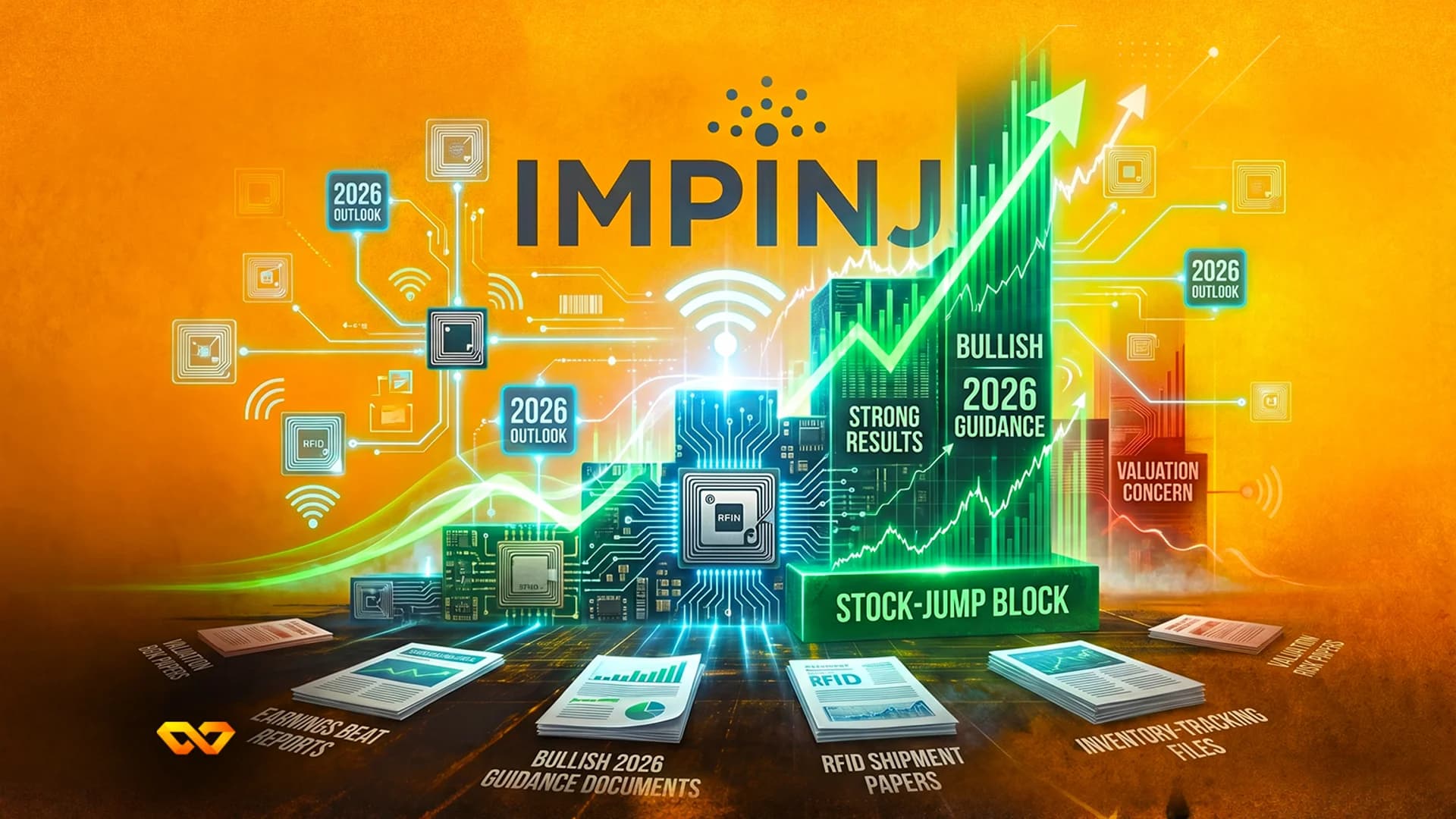 Impinj logo above a glowing green upward chart, circuit board graphics, and financial documents on an orange background.
