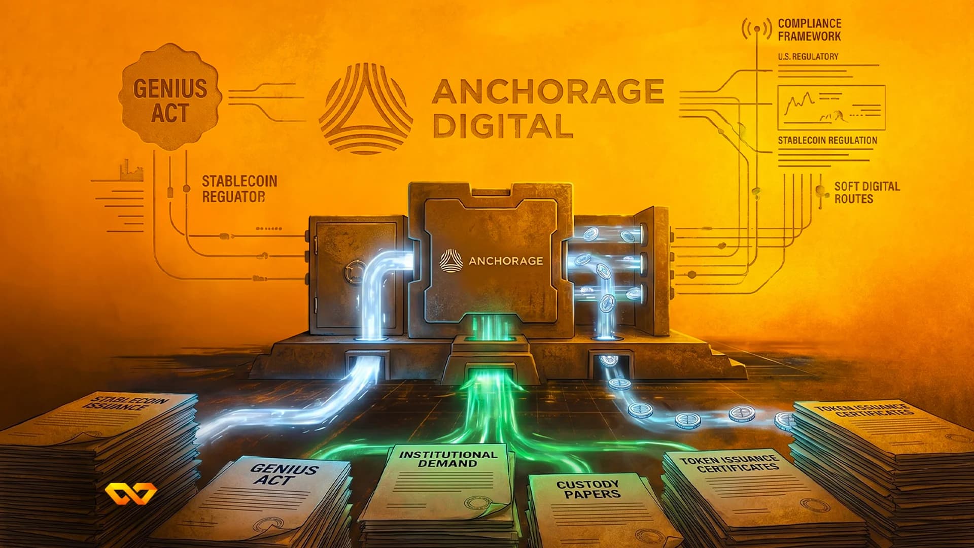 Golden industrial machine labeled Anchorage Digital with stacks of regulatory papers and glowing digital coins.