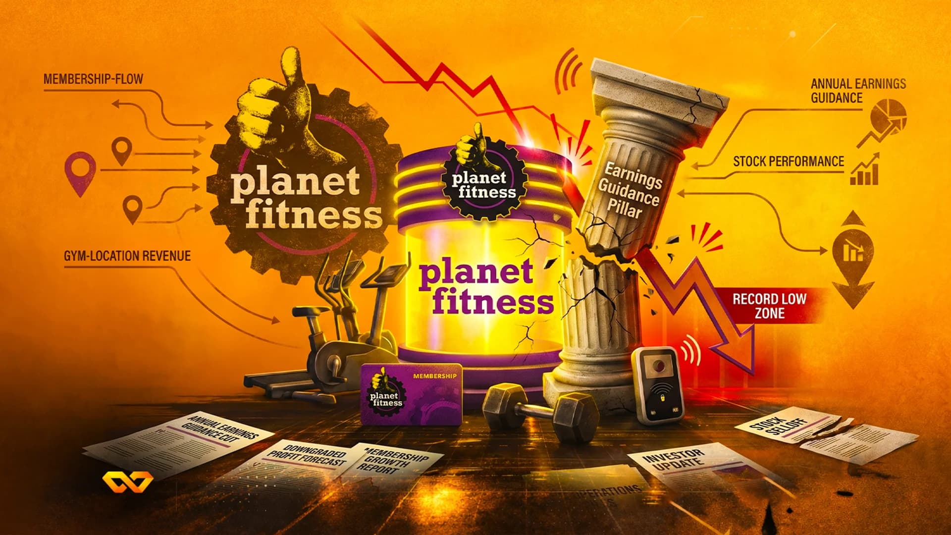 Planet Fitness logo on a crumbling pillar with a red downward arrow and financial documents on an orange background.