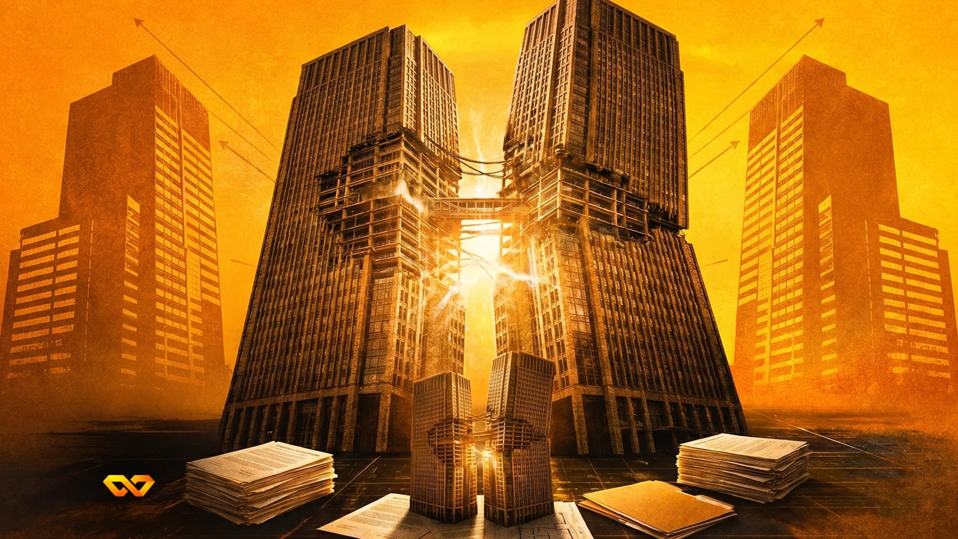 Two damaged skyscrapers leaning together over stacks of documents against an orange background.