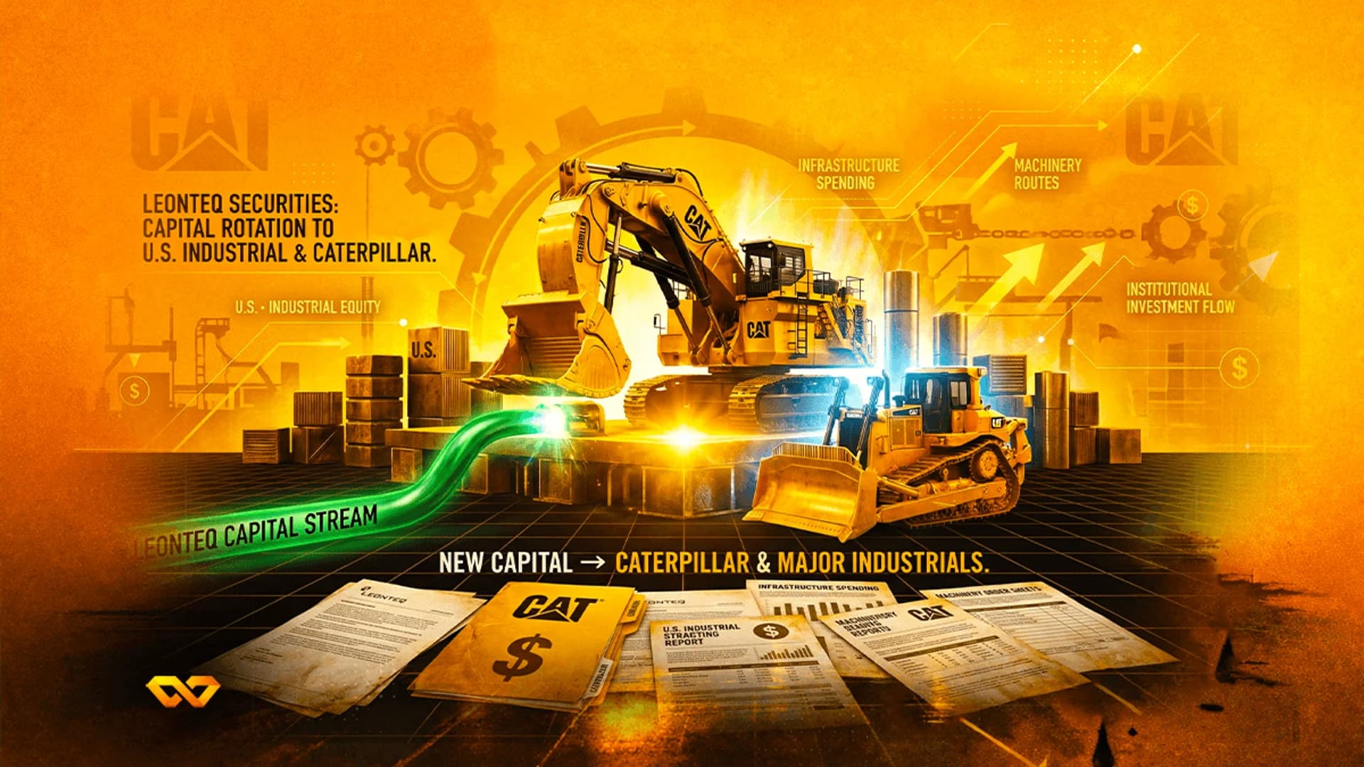 Illustration of a yellow Caterpillar excavator and bulldozer with financial documents and a green capital stream.