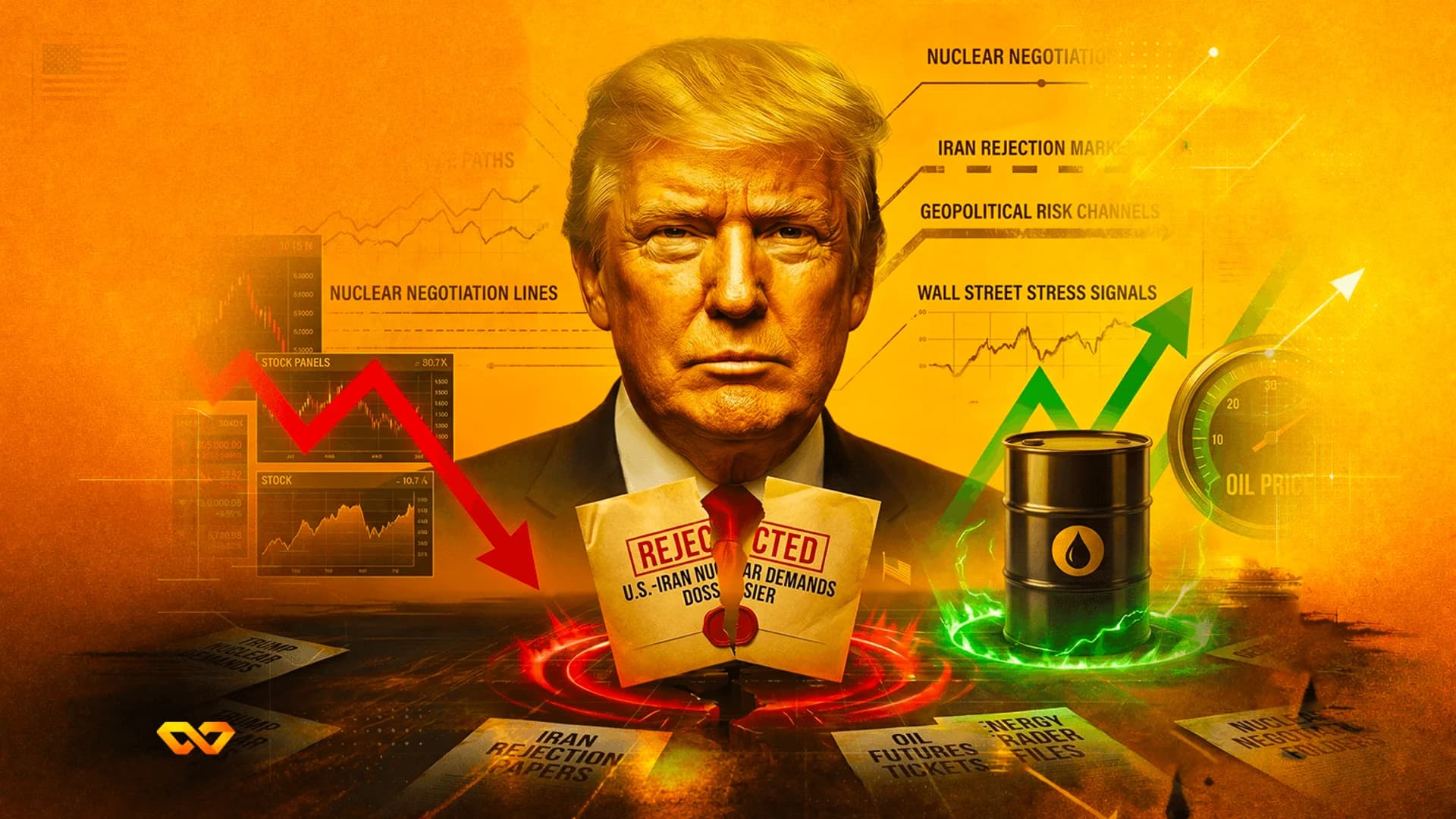Portrait of Donald Trump with a torn document, an oil barrel, and financial charts on an orange background.