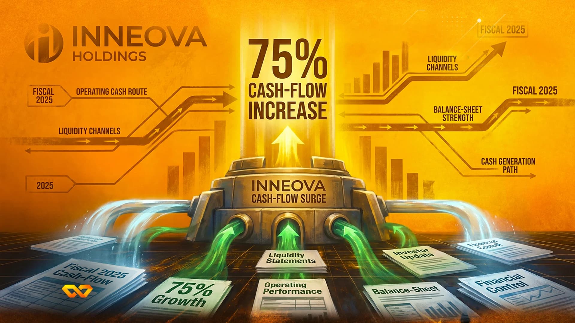 Digital illustration of a machine labeled Inneova Cash-Flow Surge with green arrows and financial documents.