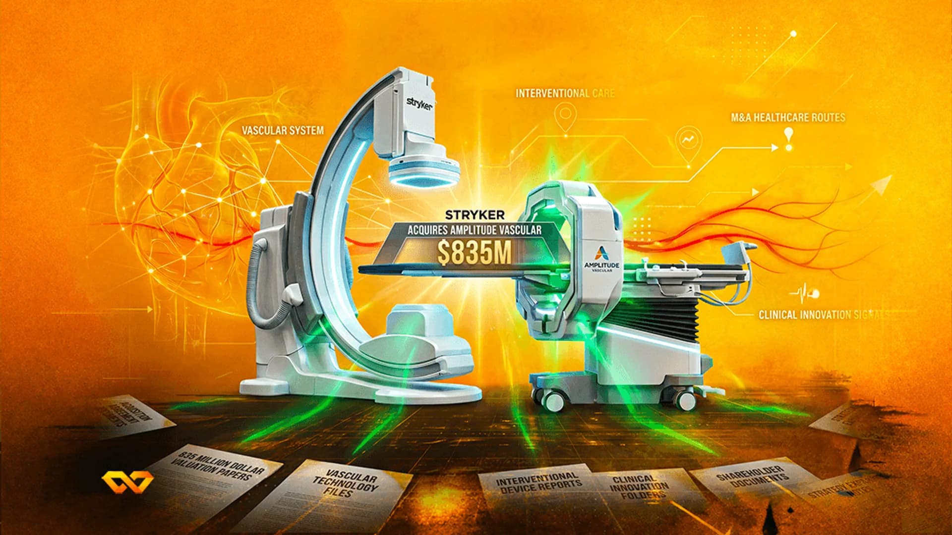 Medical imaging equipment and documents on an orange background with text announcing a corporate acquisition.