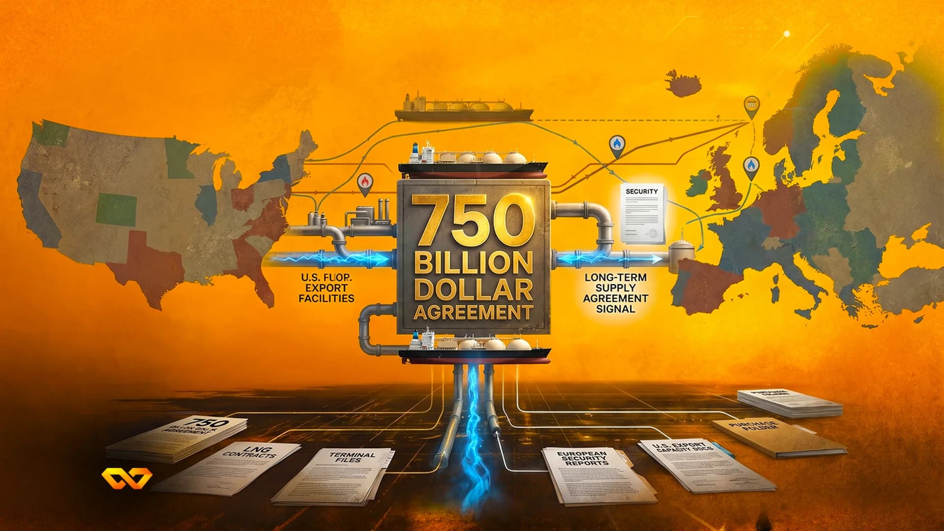 Illustration of a $750 billion energy agreement between the US and Europe with maps, pipes, and LNG tankers.