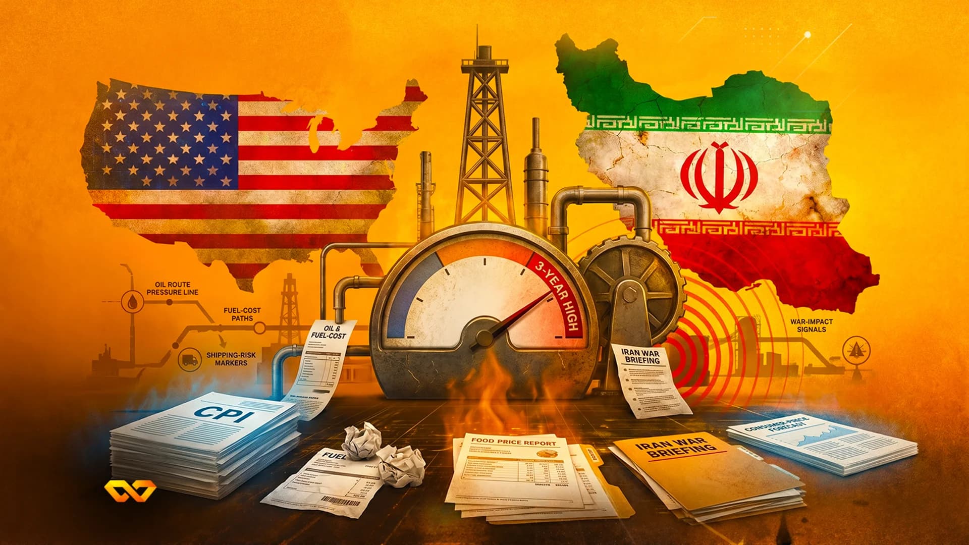 Illustration of USA and Iran maps connected by arrows and an oil gauge showing a three-year high over documents.