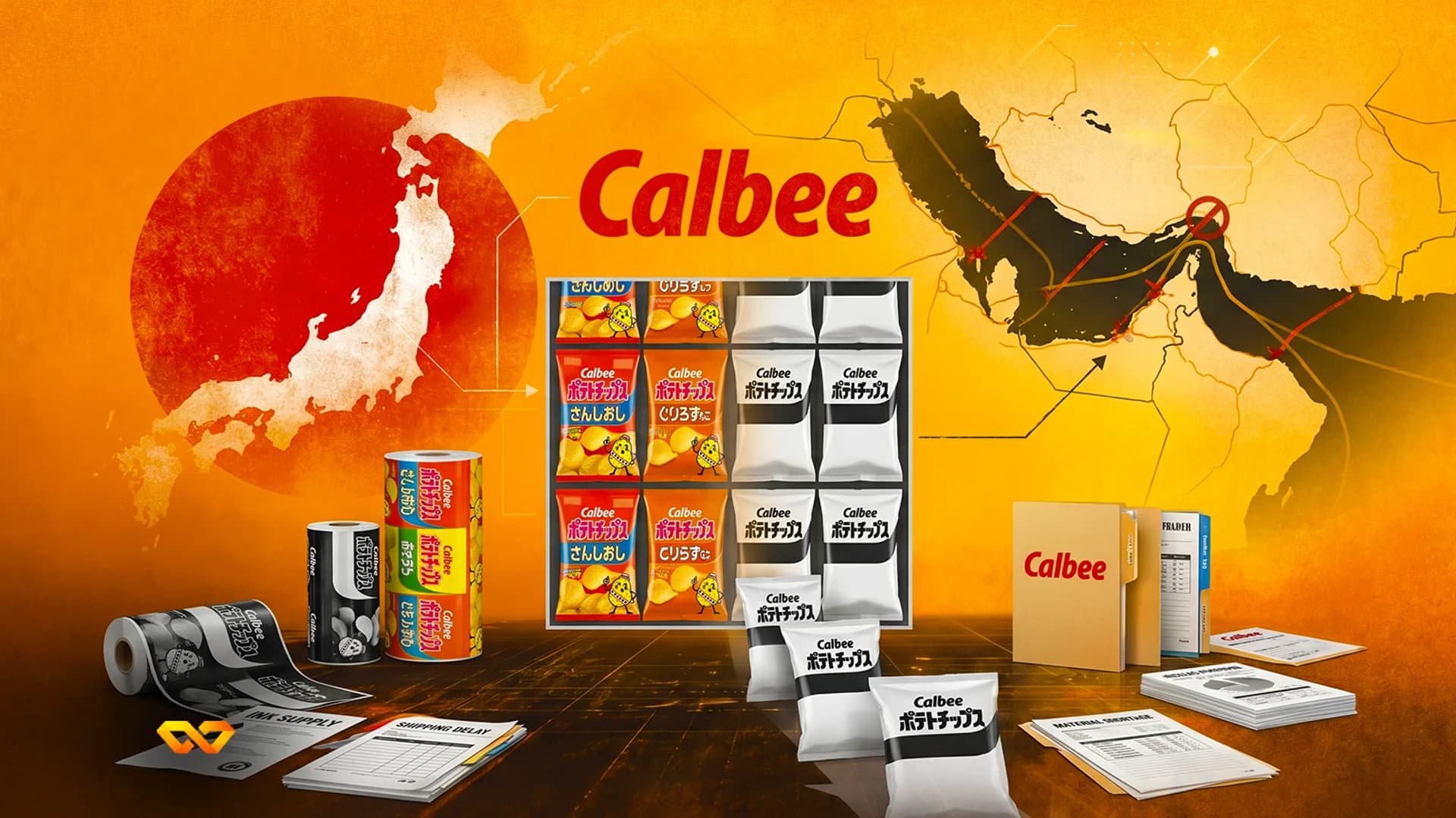 Calbee potato chip bags and packaging rolls in front of a map showing shipping routes and a red blockage symbol.