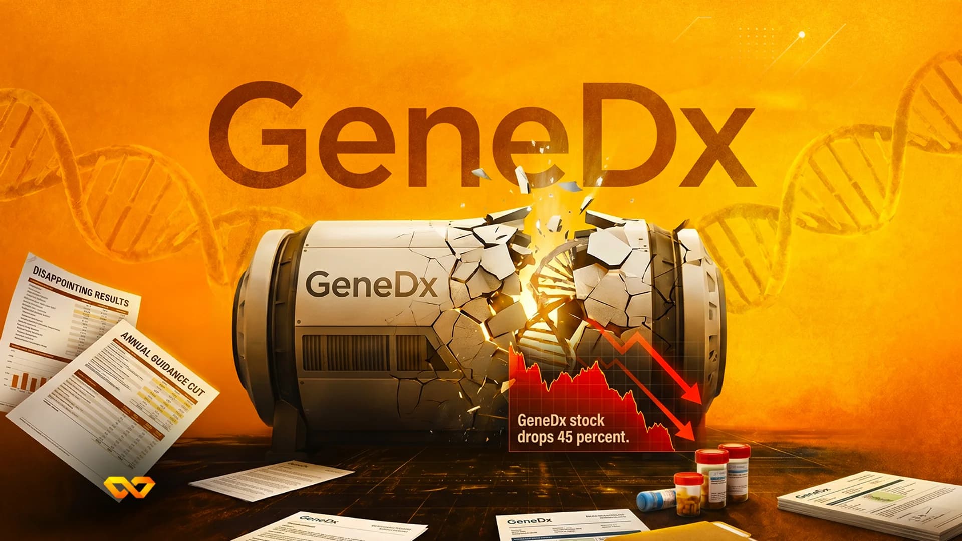 GeneDx logo above a shattered laboratory machine with a red downward stock chart and scattered financial documents.