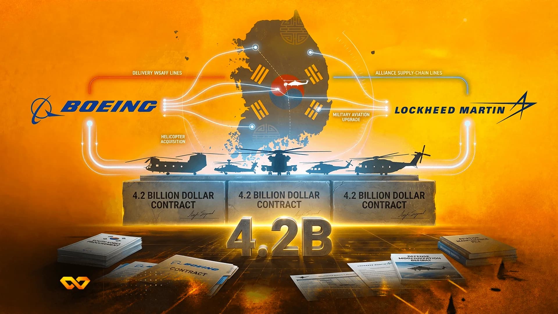 Illustration of Boeing and Lockheed Martin logos with South Korea map, helicopters, and 4.2 billion dollar contract.