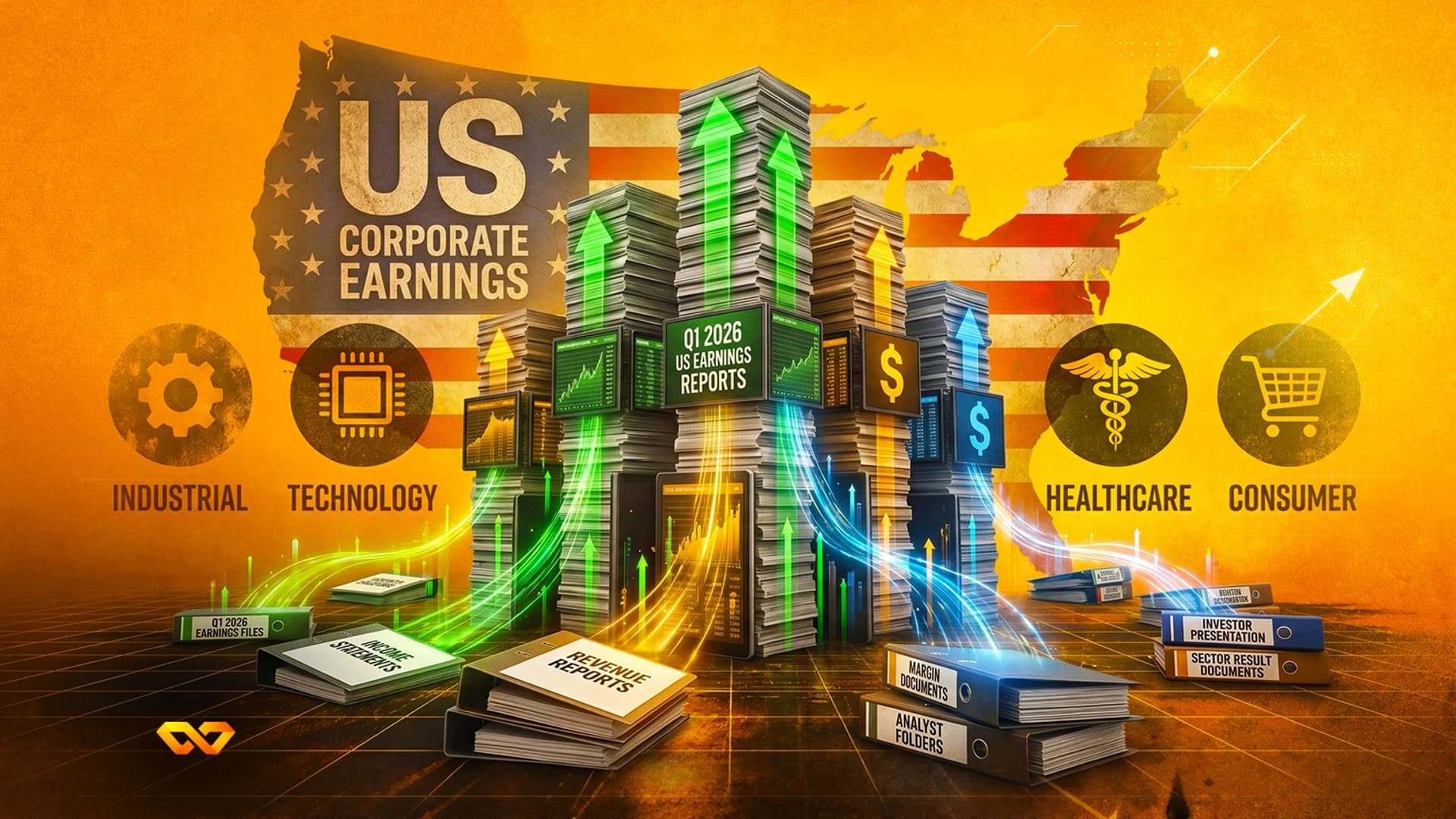 Illustration of US corporate earnings with stacks of reports, upward arrows, and sector icons over a US flag.