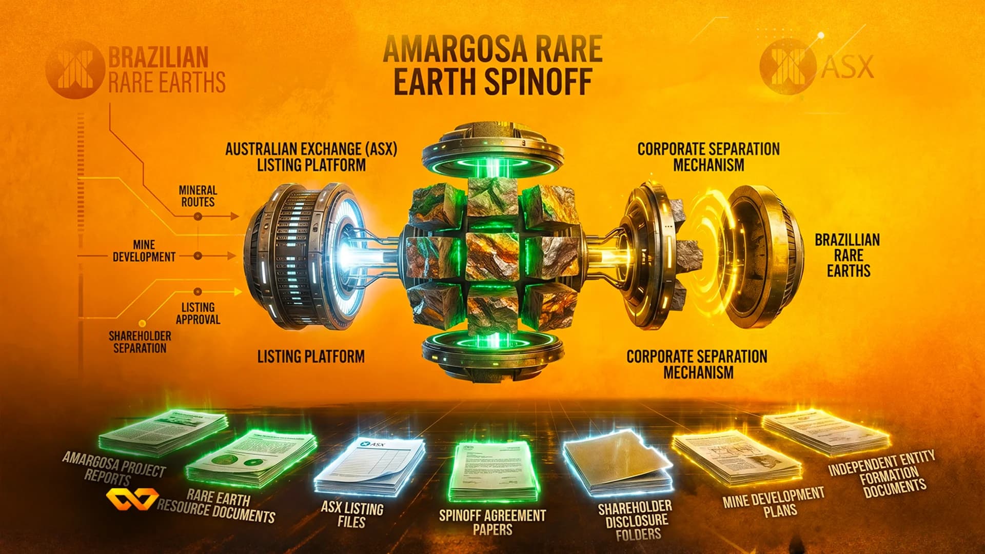 Futuristic machine with glowing green cubes and documents labeled for a rare earth mining spinoff on an orange background.