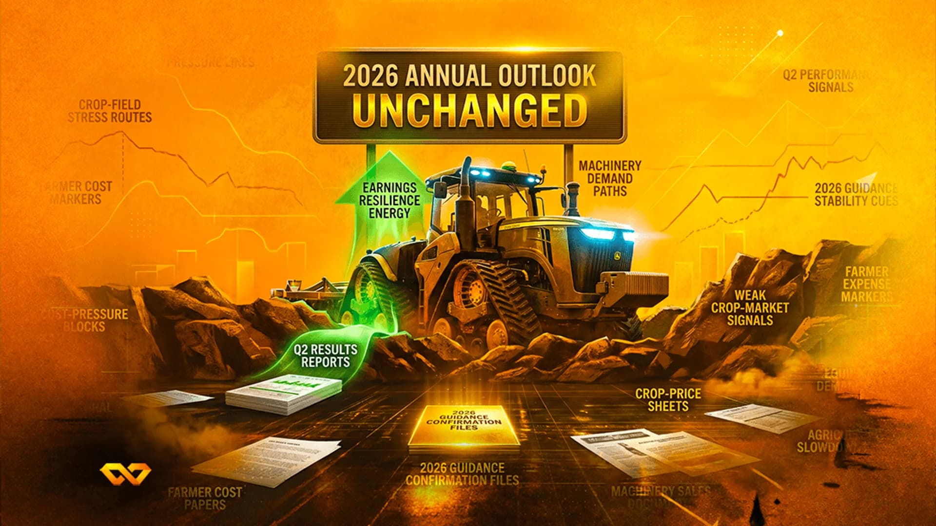 A large green tractor on rocky terrain with financial charts and text about 2026 annual outlook and earnings.