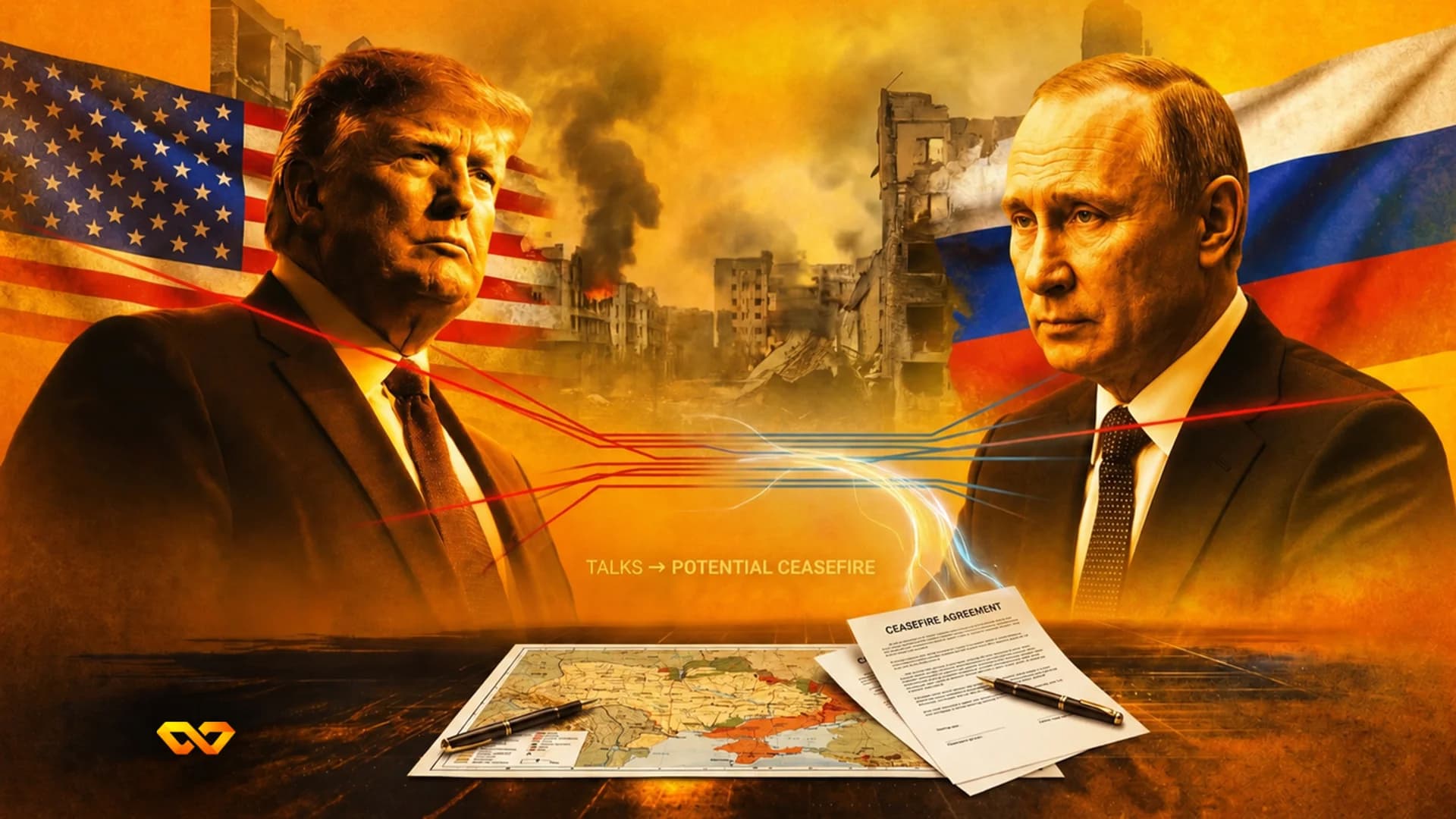 Donald Trump and Vladimir Putin face each other over a map of Ukraine and a ceasefire agreement document.