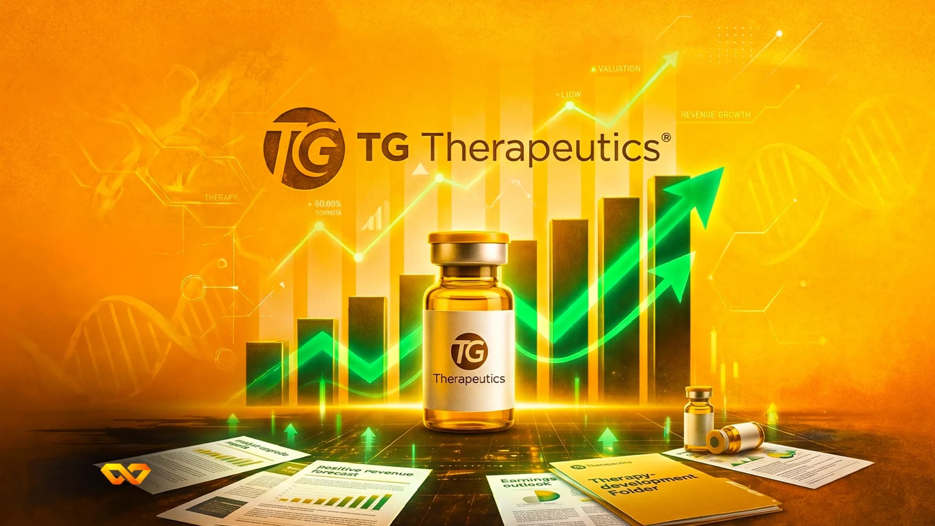 TG Therapeutics logo above a medicine vial, bar chart with rising green arrow, and financial documents on orange background.