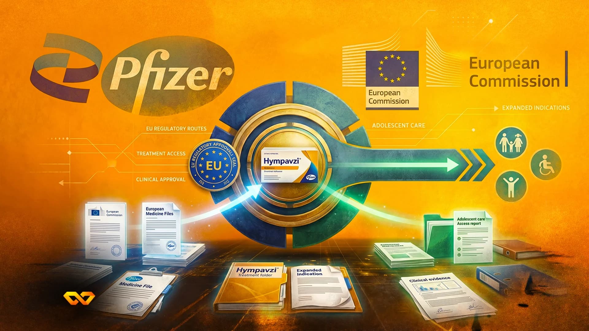 Pfizer logo and Hympavzi medication box centered in a graphic with European Commission logos and regulatory documents.