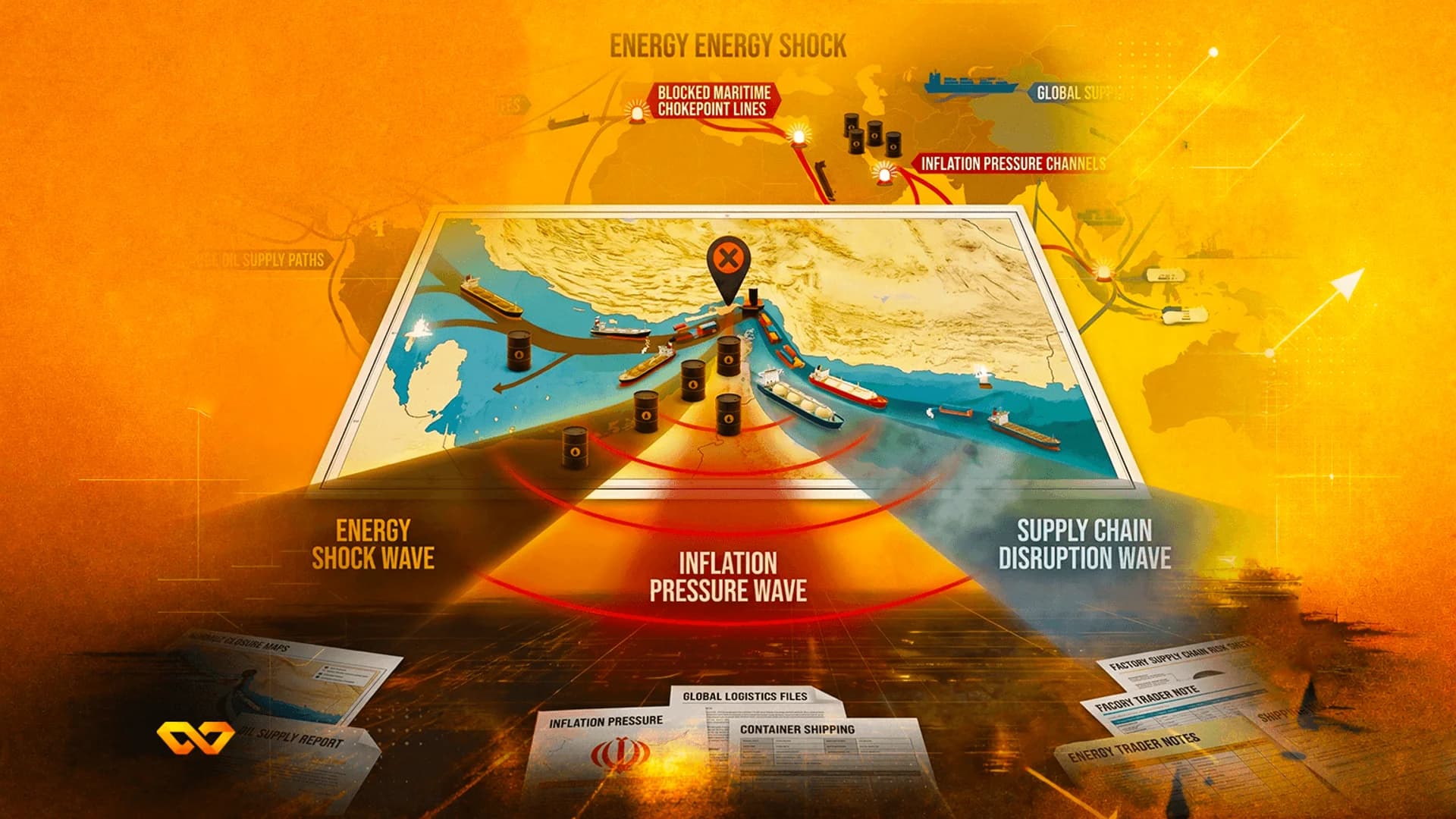 Infographic map of the Middle East with oil tankers, barrels, and waves labeled energy shock and inflation.