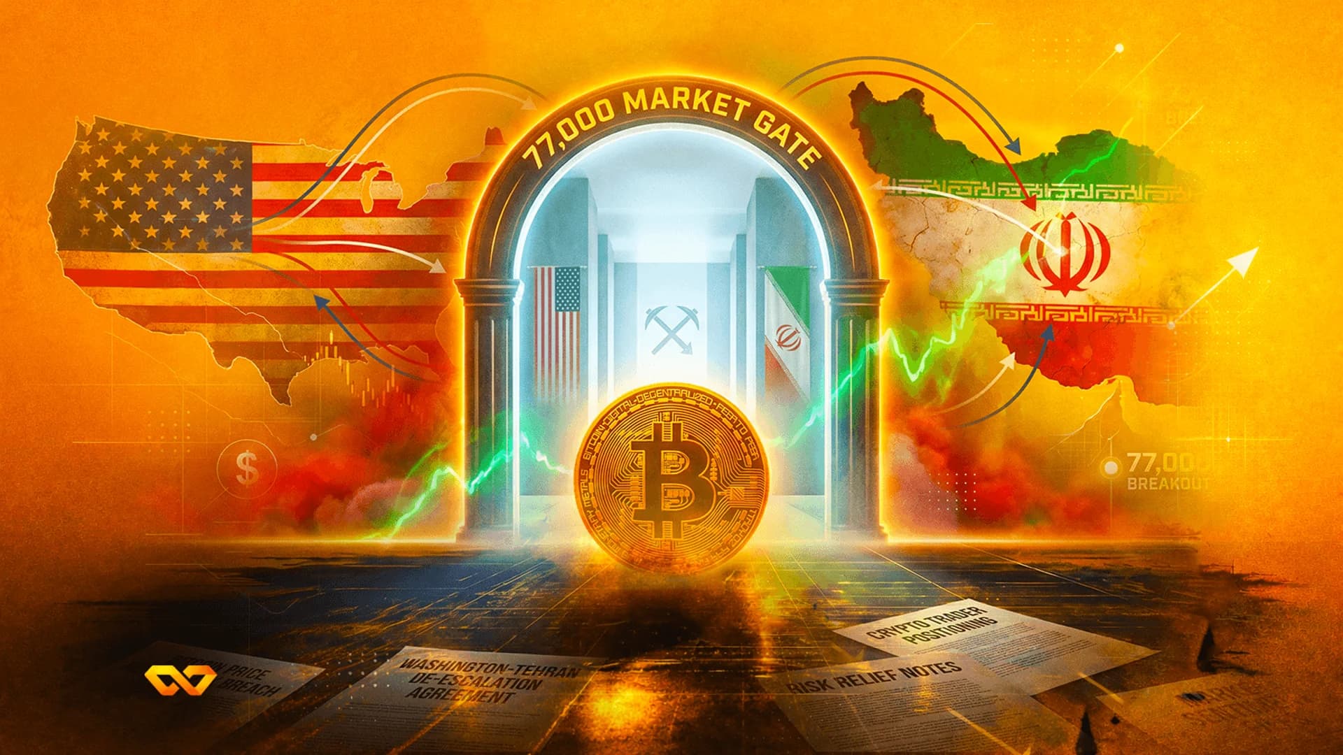 Bitcoin coin in a golden archway between maps of the USA and Iran with flags and a rising green price line.