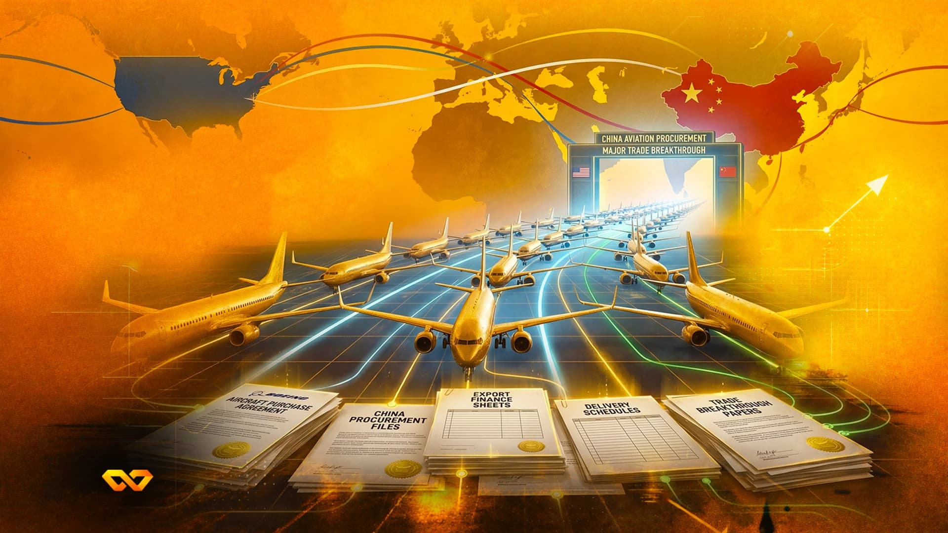 Golden airplanes fly towards a gateway between US and China maps, with stacks of trade documents in the foreground.