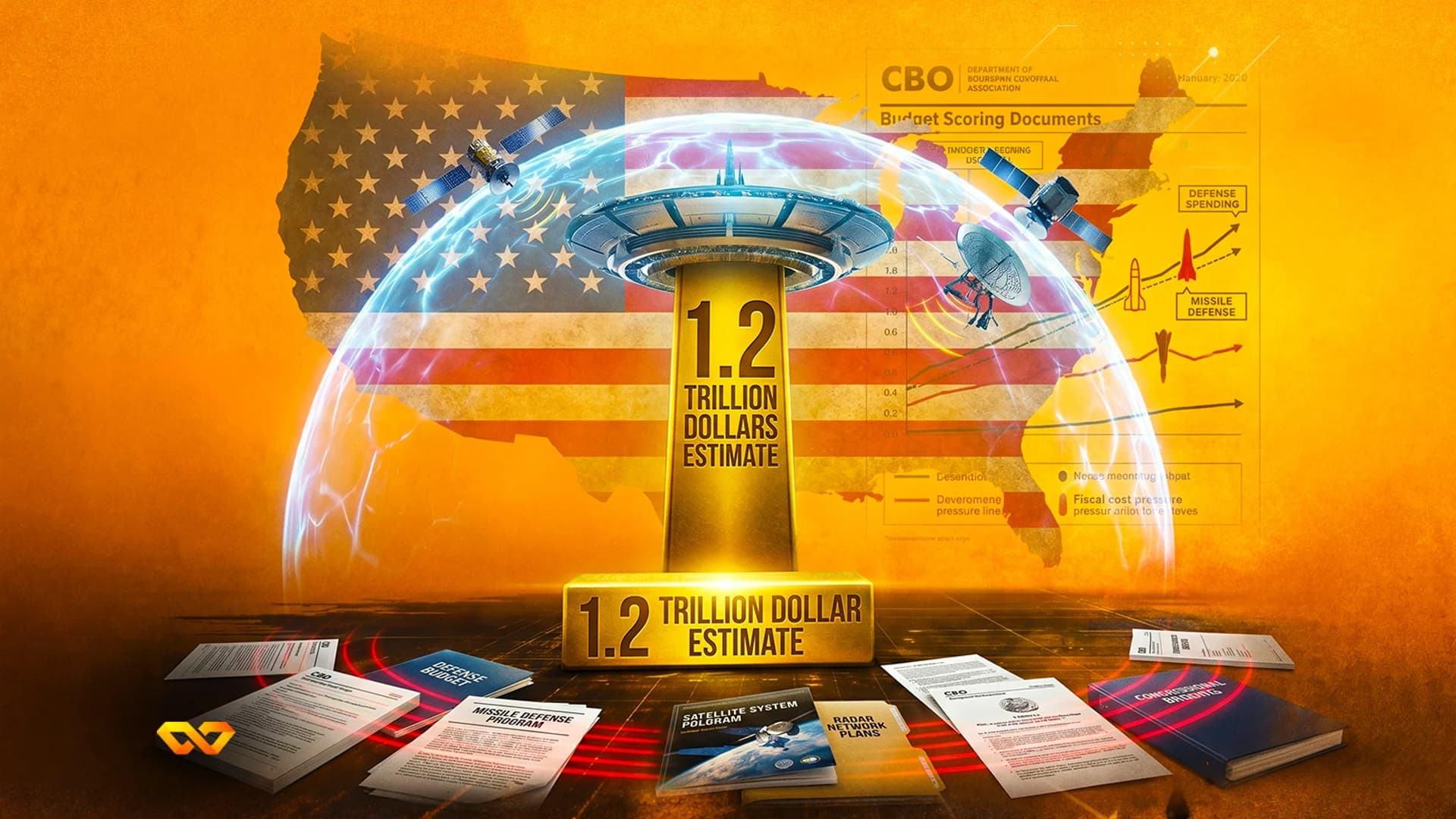 Digital illustration of a golden pedestal with '1.2 Trillion Dollars Estimate' under a blue dome and US flag map.