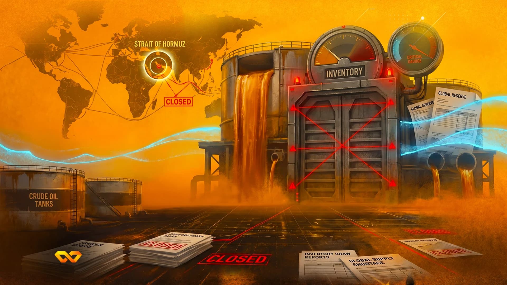 Digital illustration of oil tanks and a world map with the Strait of Hormuz marked closed, featuring gauges and documents.
