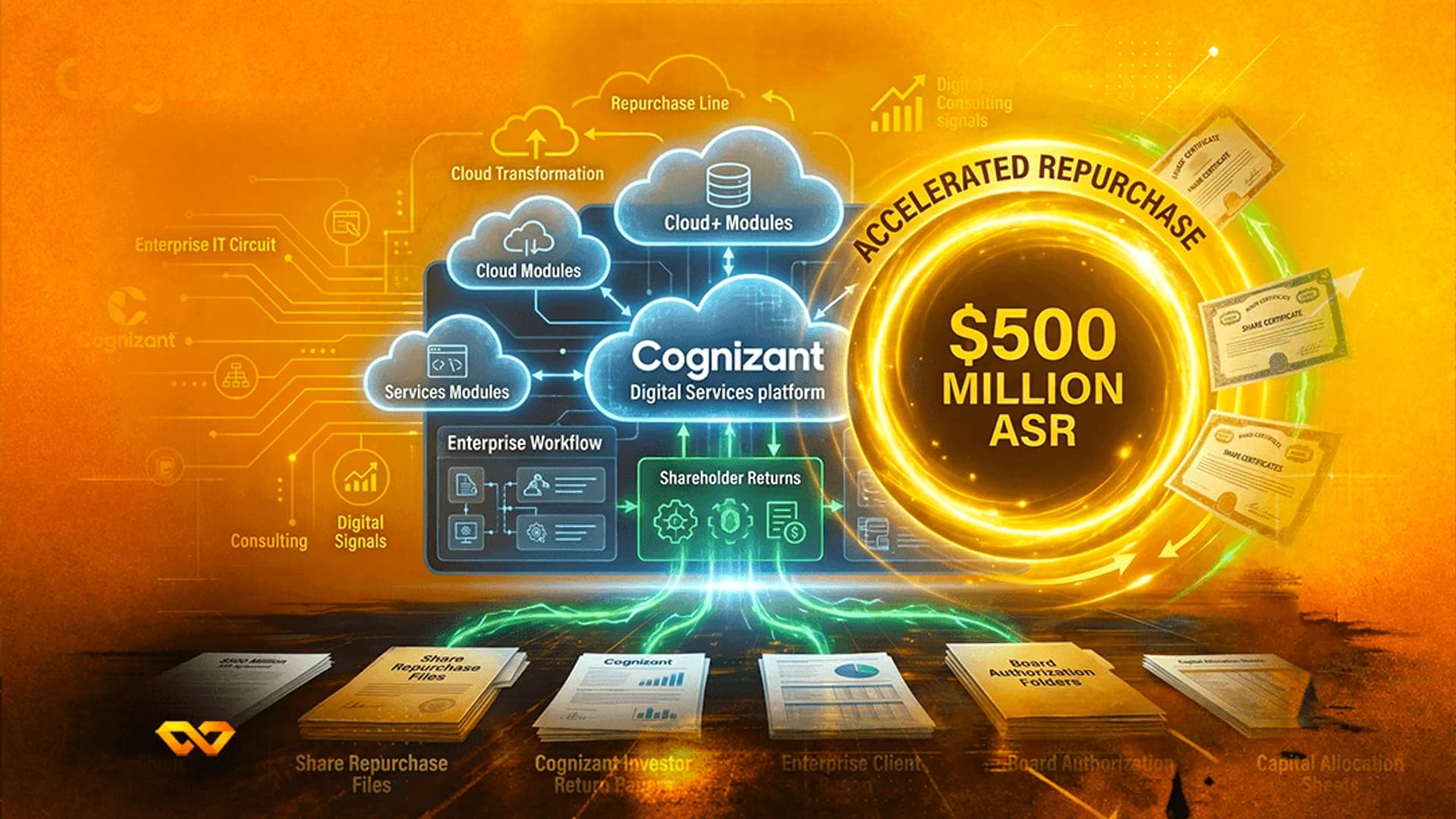 Infographic showing Cognizant logo, cloud service modules, and a glowing circle for a $500 million share repurchase.