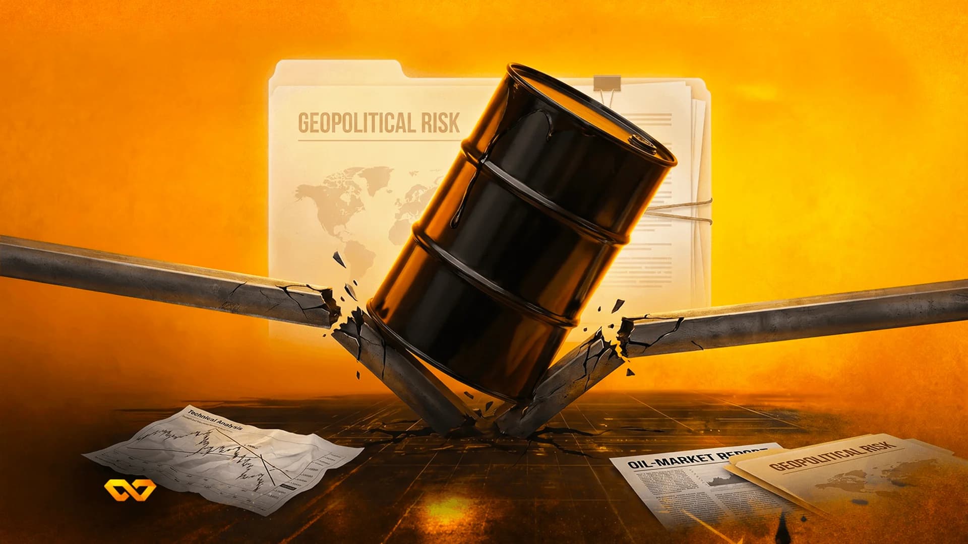 Map of the Middle East with fighter jets, missiles, oil barrels, gold bars, oil rigs, and stock charts under a fiery sky.