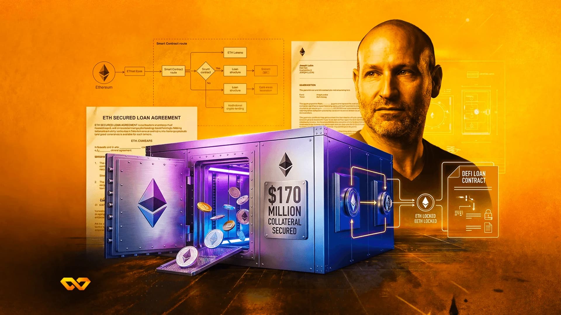Portrait of a man next to a metallic safe labeled $170 million collateral, with Ethereum coins and loan documents.