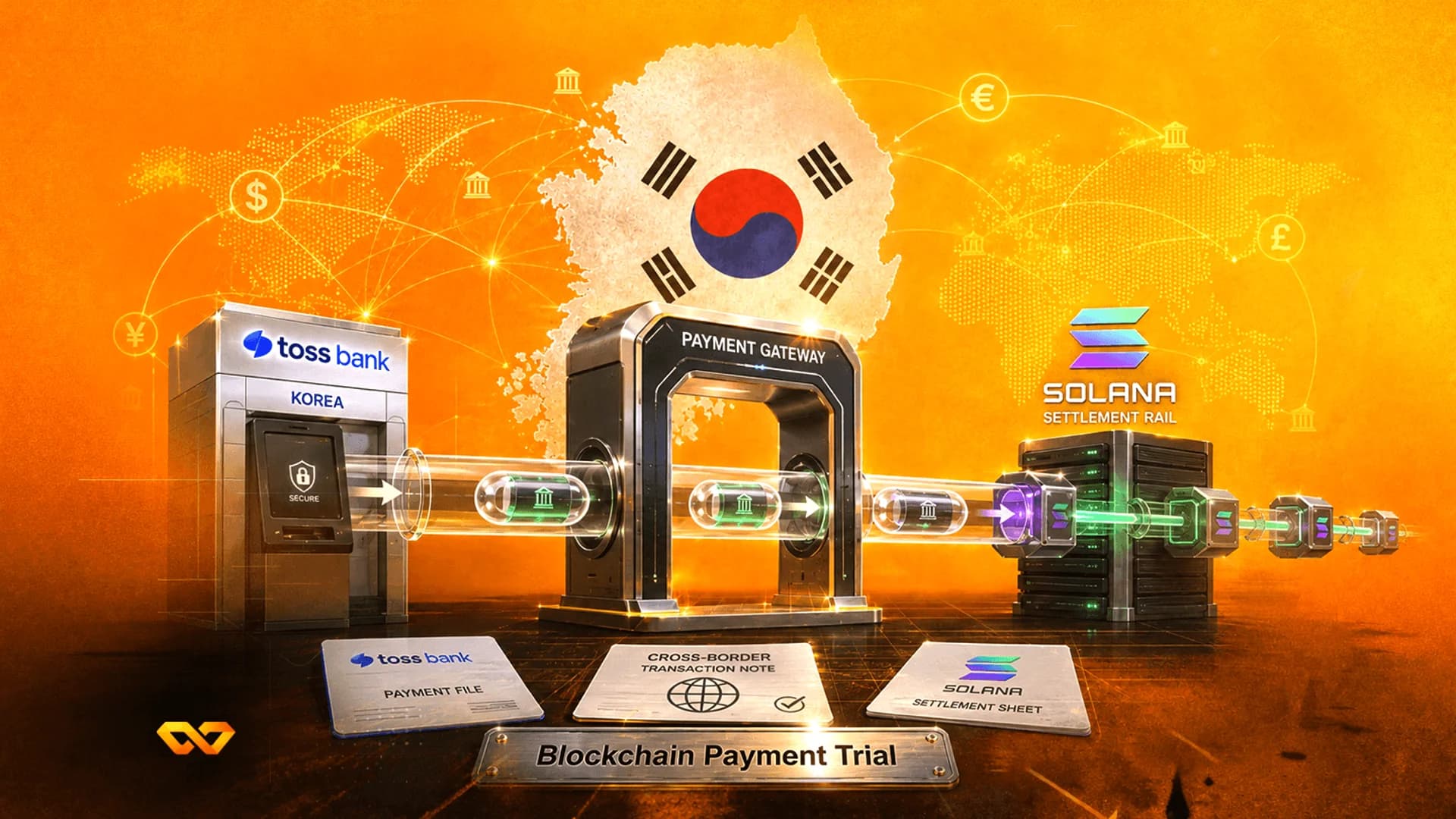 Digital illustration of a cross-border payment flow from Toss Bank to Solana, featuring the South Korean flag.